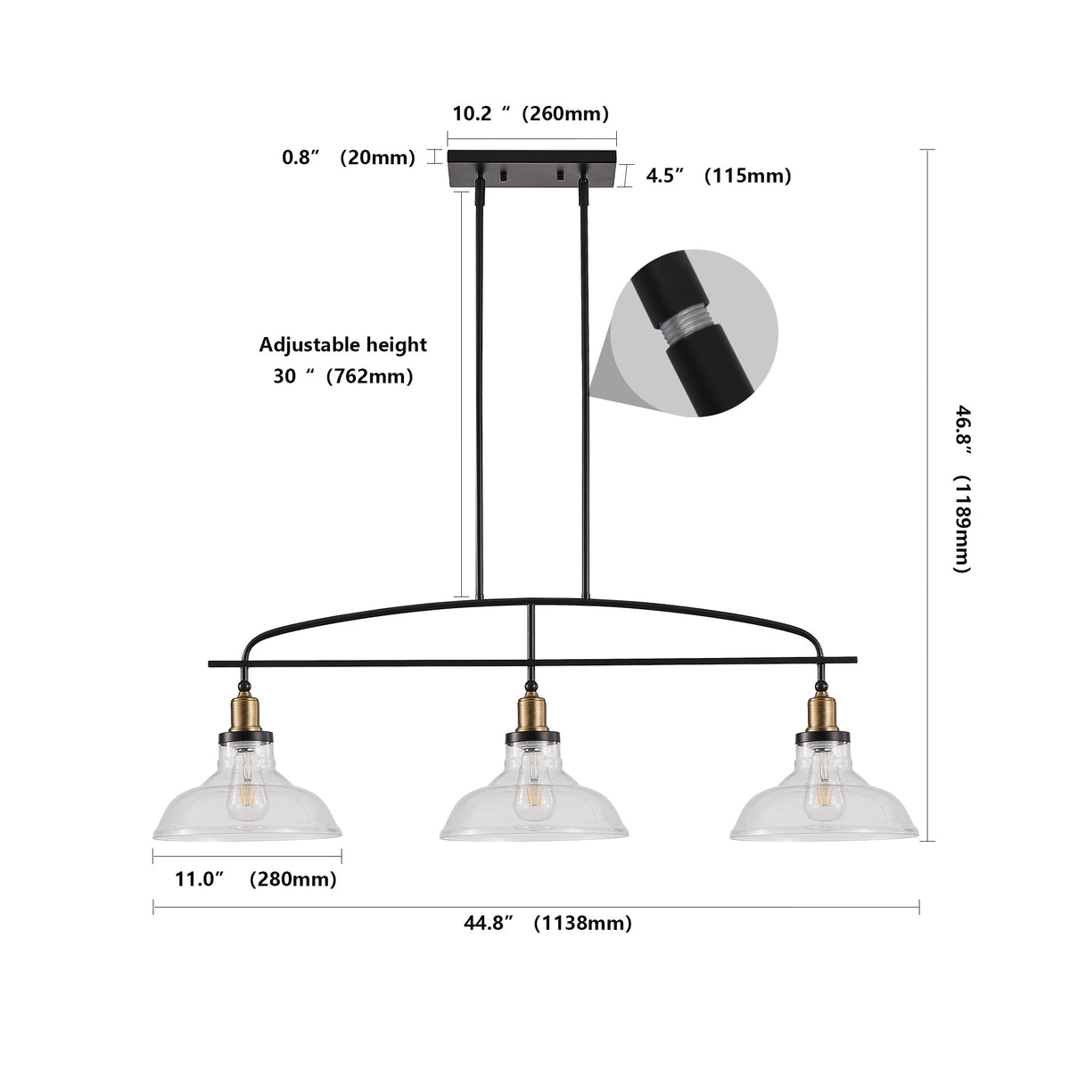 45" Industrial 3-Light Pendant Chandelier with Clear Glass Shades