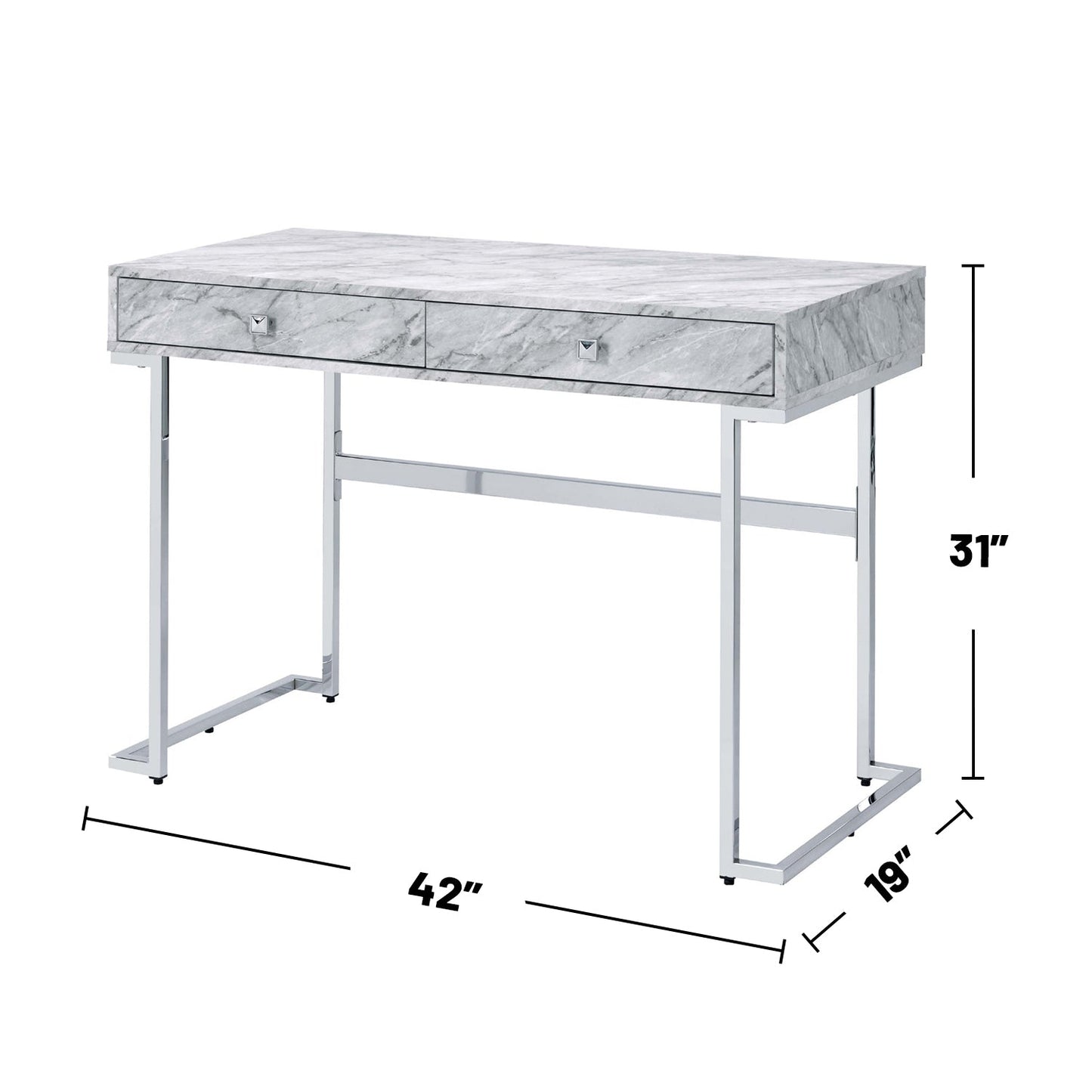 Rectangular Writing Desk with 2 Drawers, White Engineered Stone Top and Chrome