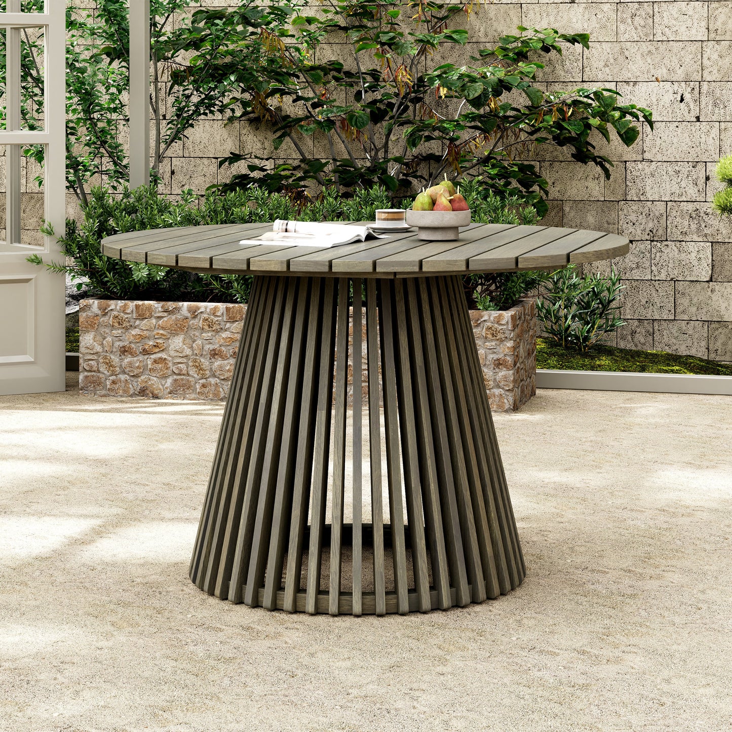 Outdoor Acacia Wood Patio Dining Table, 47.25-inch extra-large round dining table,for Backyard, Lawn, Balcony,Grey Finish