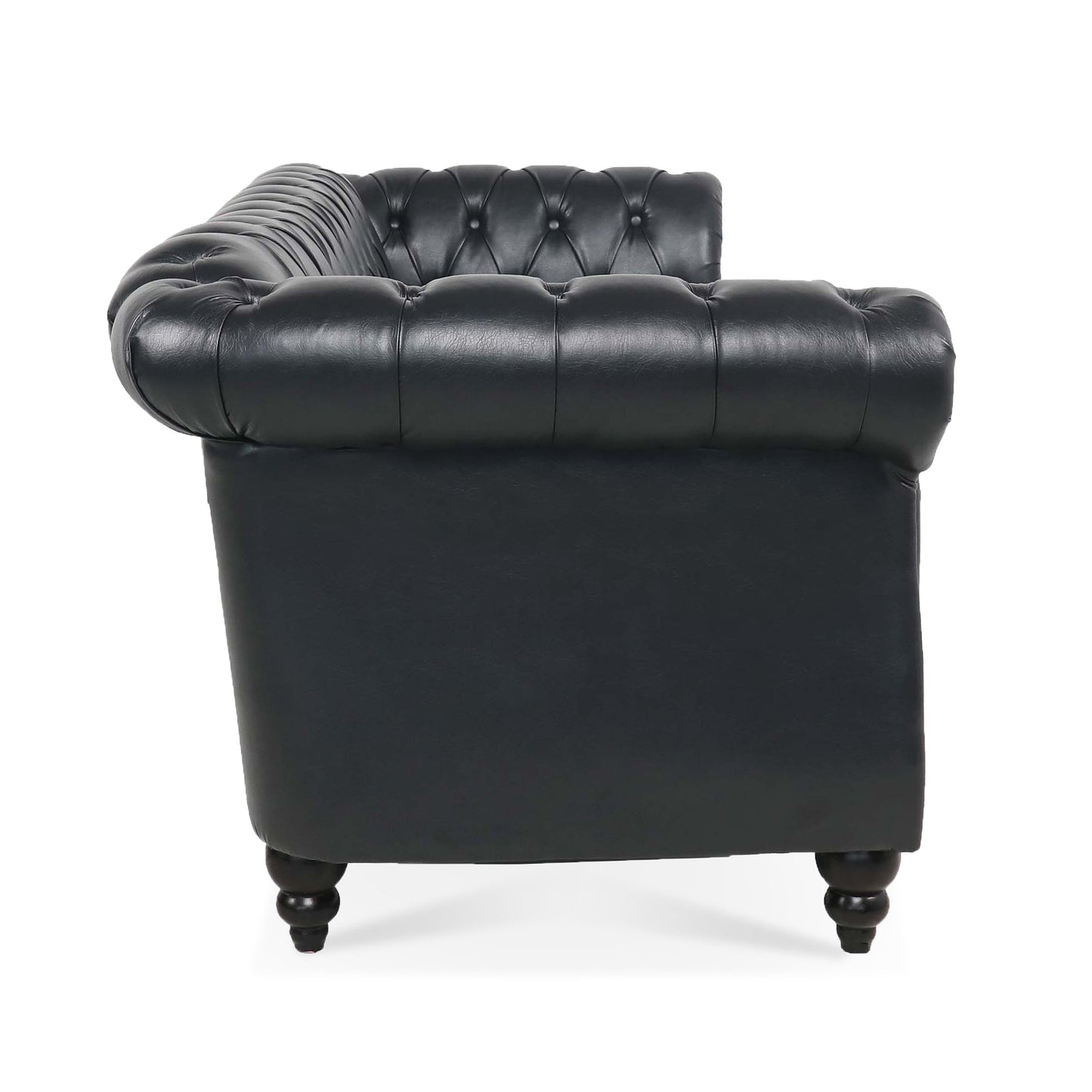 84.65" BLACK PU Rolled Arm Chesterfield Three Seater Sofa