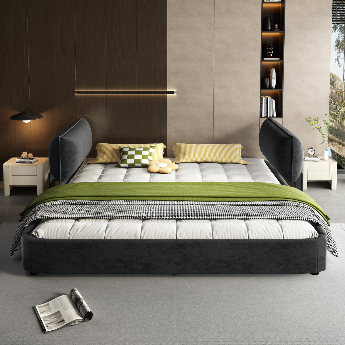 King Size Cloud Bed Frame with Oversized Padded Movable Headboard