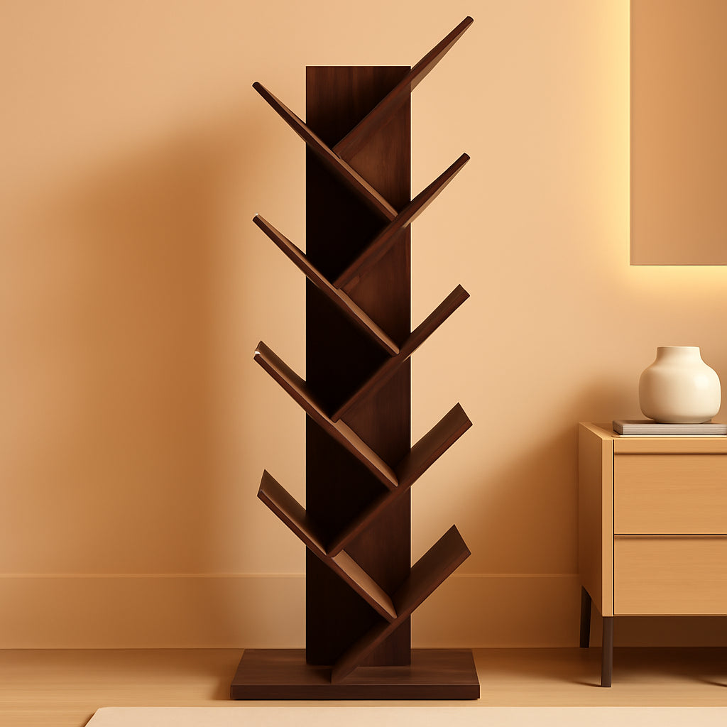 Walnut 9-Tier Tree Bookshelf Space-Saving Corner Shelf