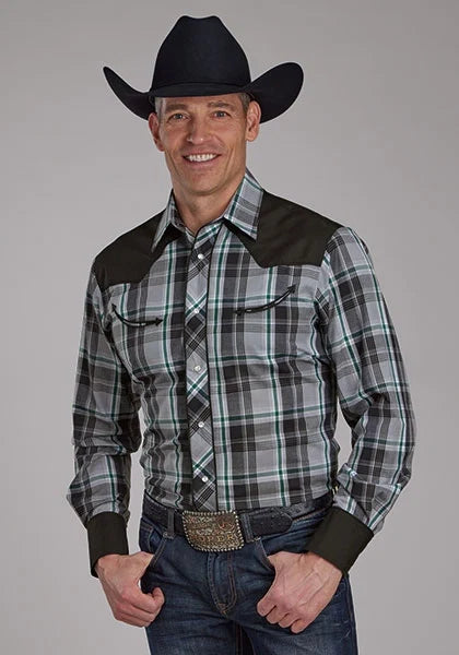 Roper 2105 Fancy Yoke Plaid (Grey) - Men's Western Shirt