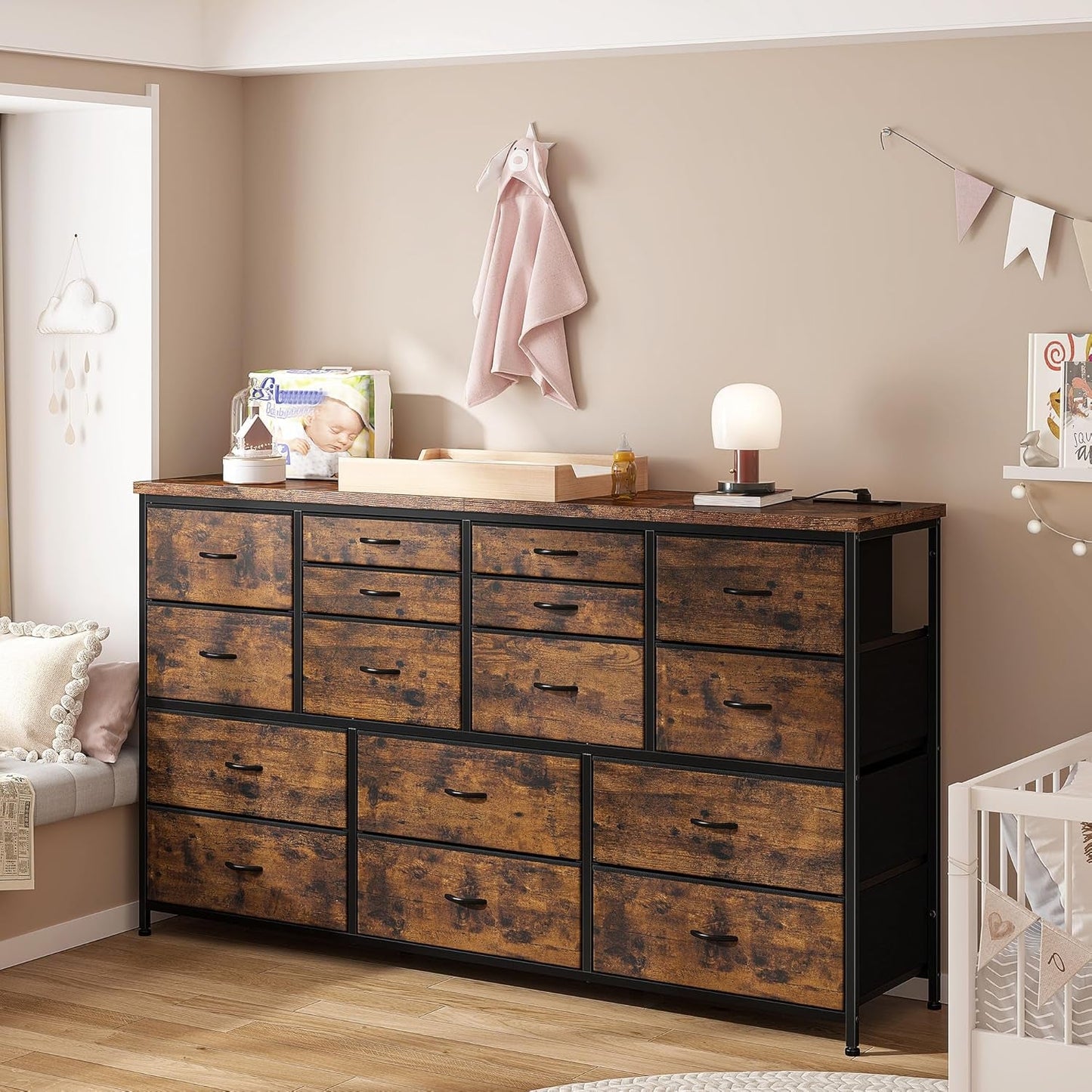 51.1 Inch TV Stand Dresser With 16 Drawers Charging Station
