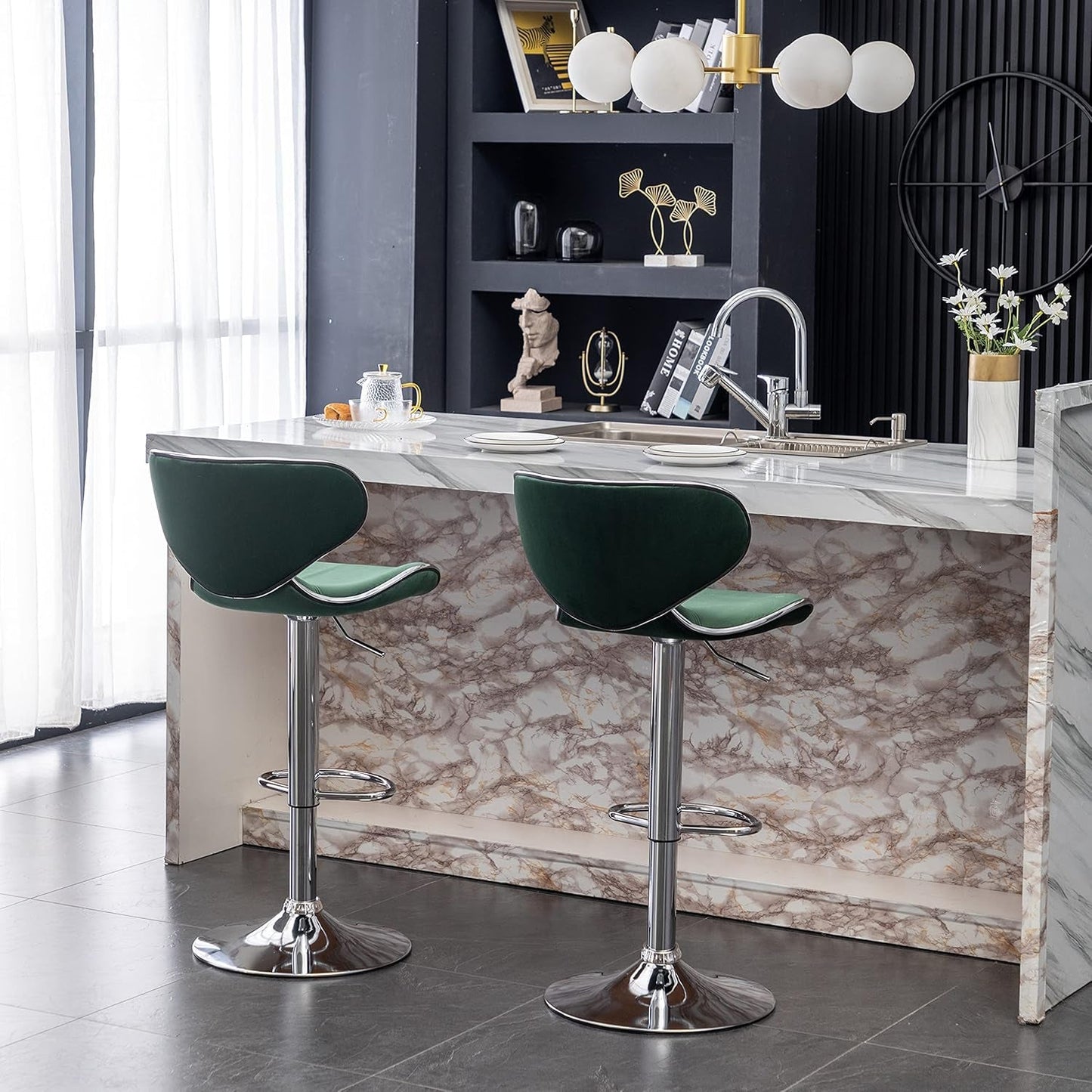 Green Velvet Upholstered Adjustable Swivel Bar Stools Set 2