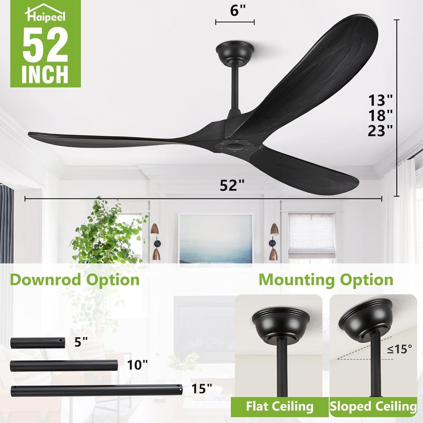 52 Inch Matte Black Ceiling Fan With Remote Walnut Blades