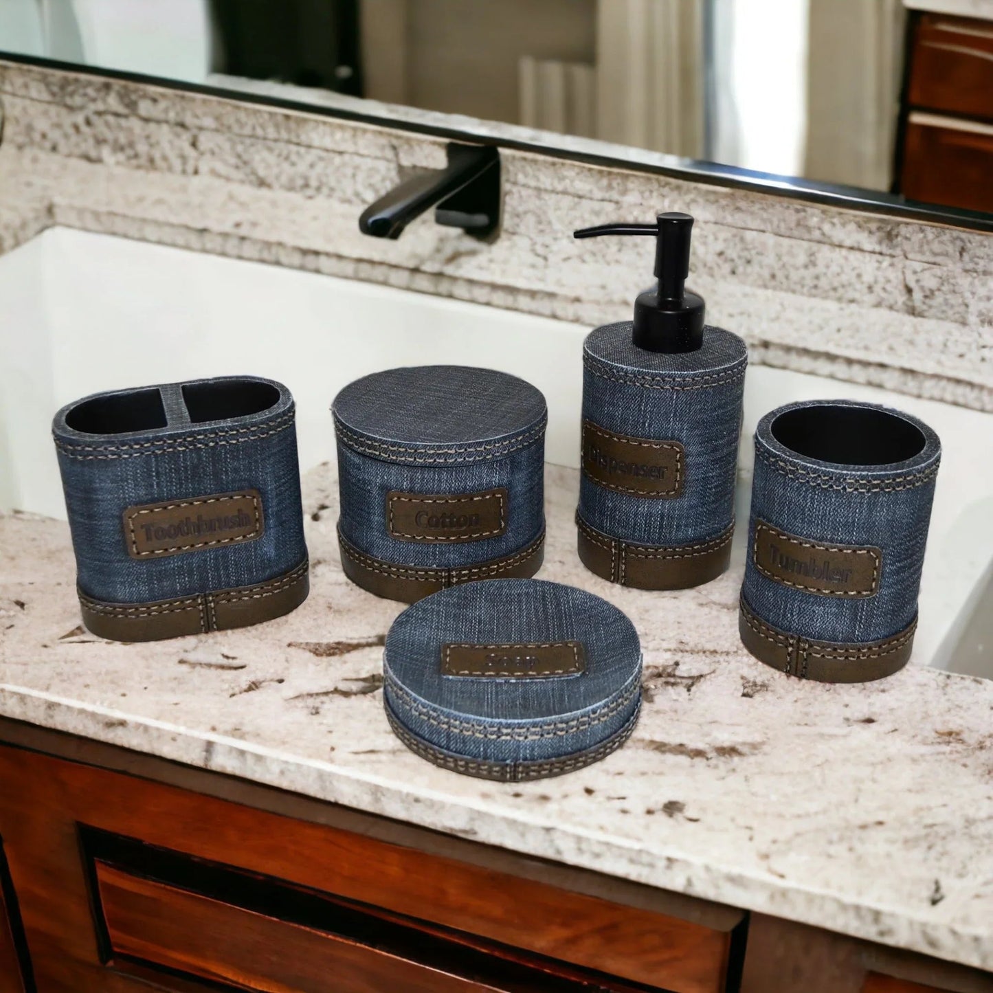 Unique Bathroom Accessory Set of Denim Finish