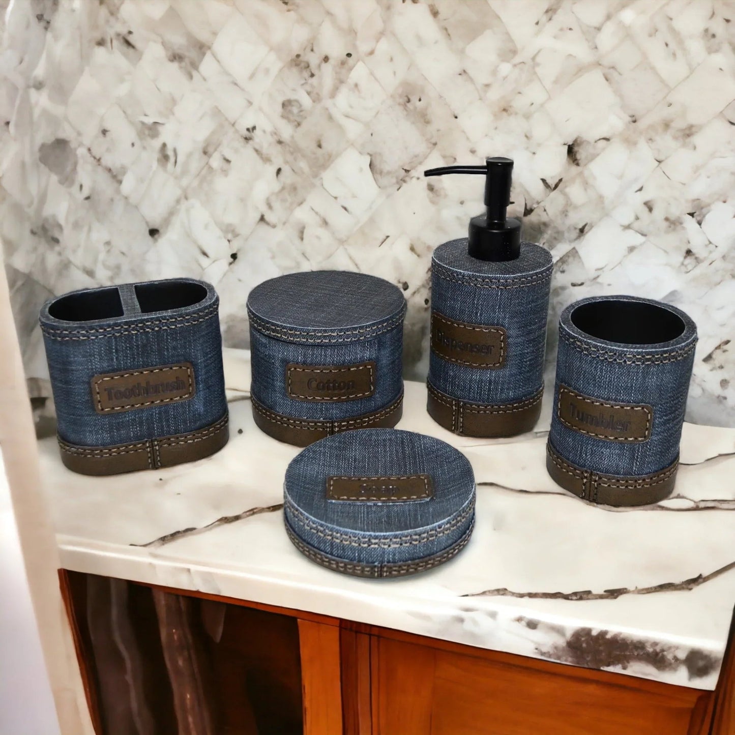 Unique Bathroom Accessory Set of Denim Finish
