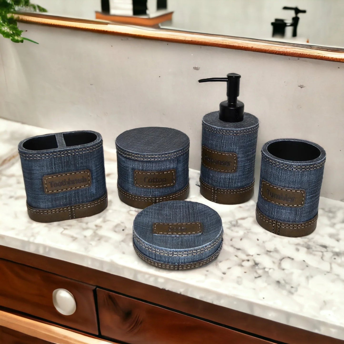 Unique Bathroom Accessory Set of Denim Finish