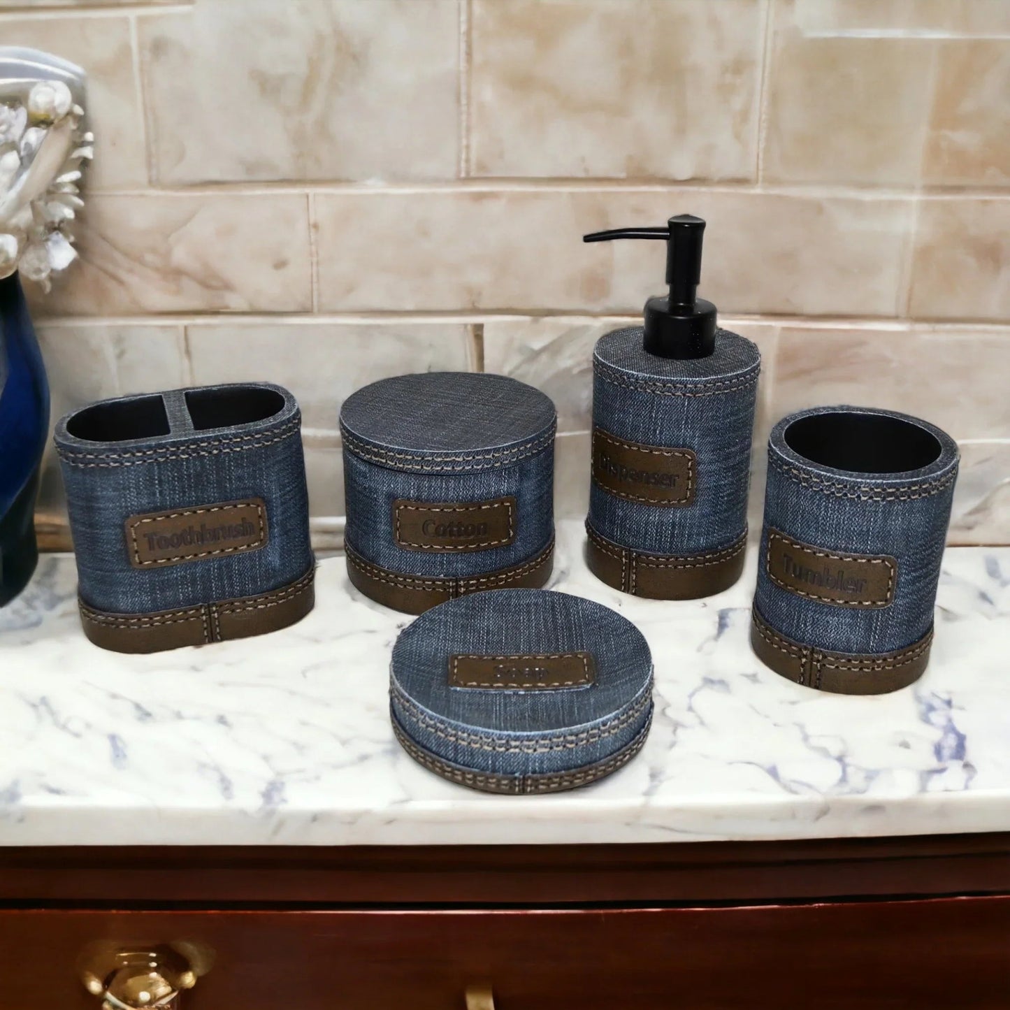 Unique Bathroom Accessory Set of Denim Finish