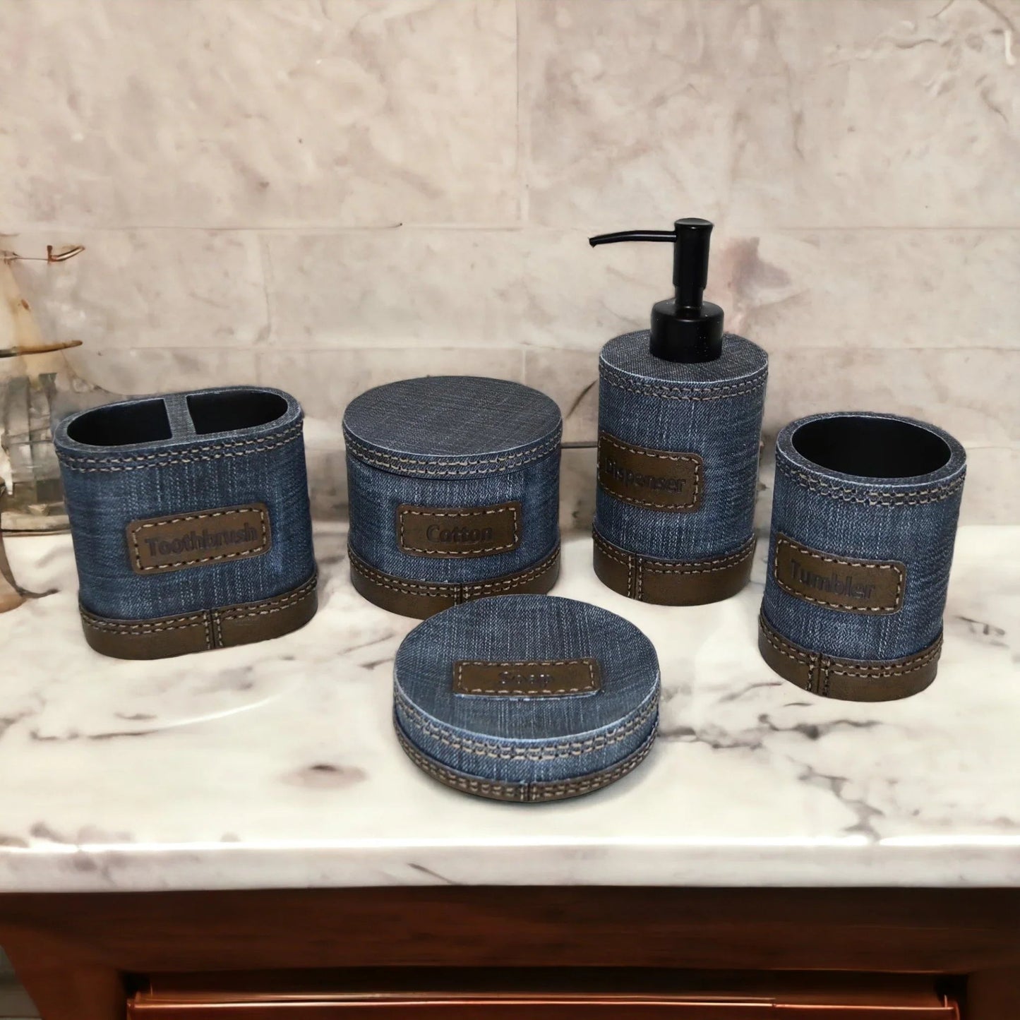 Unique Bathroom Accessory Set of Denim Finish