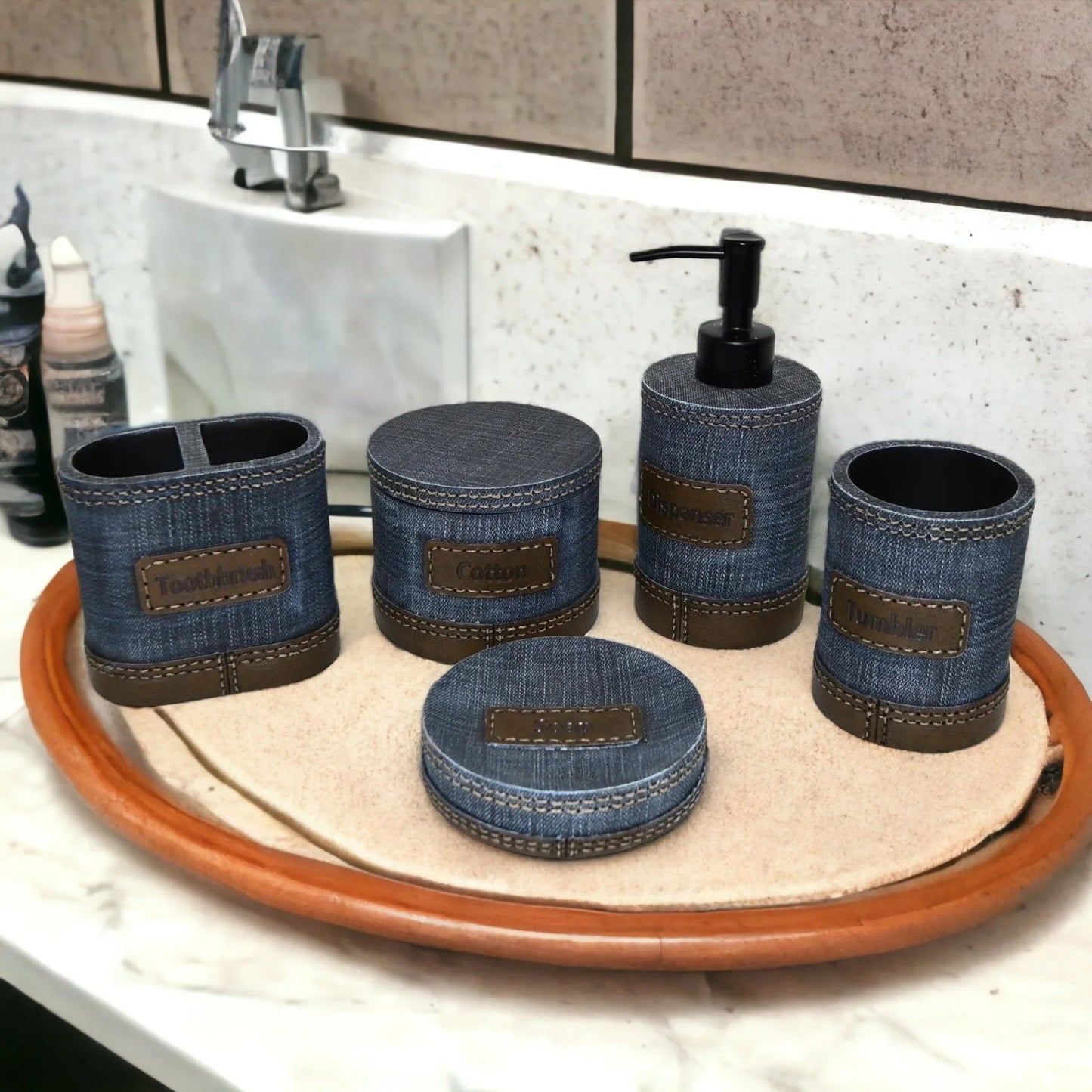 Unique Bathroom Accessory Set of Denim Finish