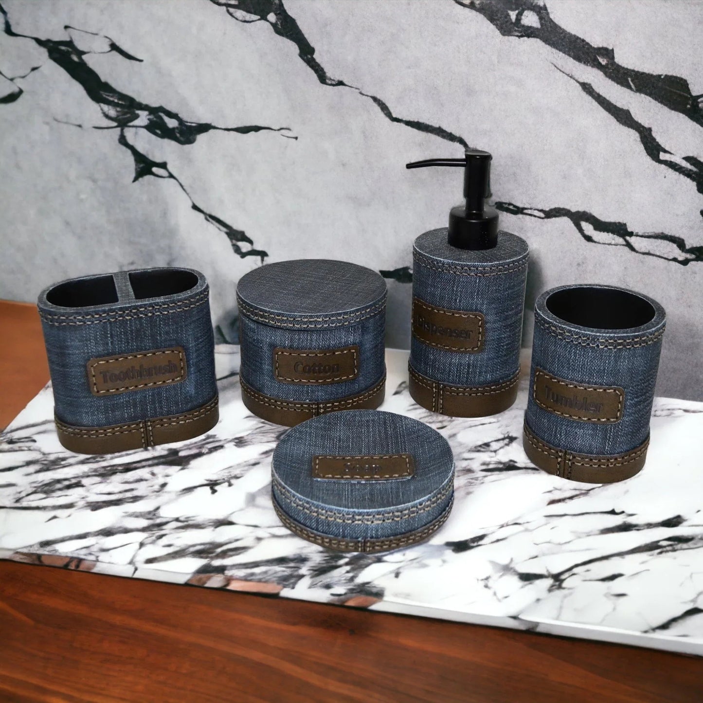 Unique Bathroom Accessory Set of Denim Finish