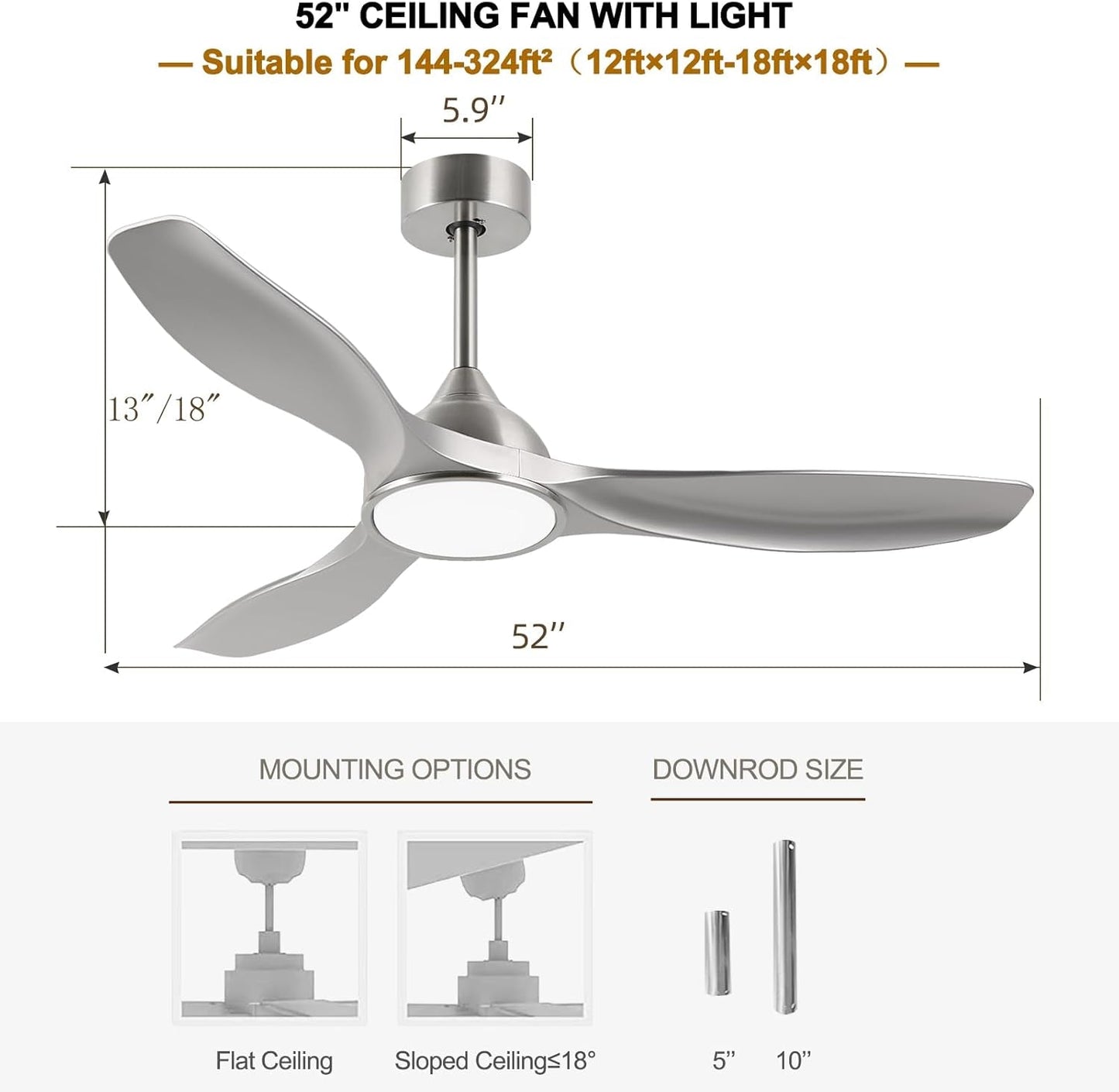 52 Inch Quiet DC Motor Ceiling Fan With LED Lights Remote Control showing dimensions and mounting options.