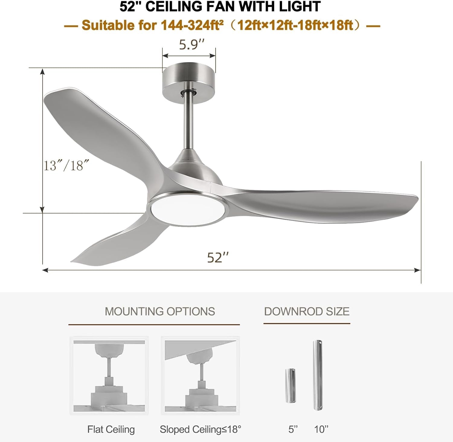 52 Inch Quiet DC Motor Ceiling Fan With LED Lights Remote Control showing dimensions and mounting options.