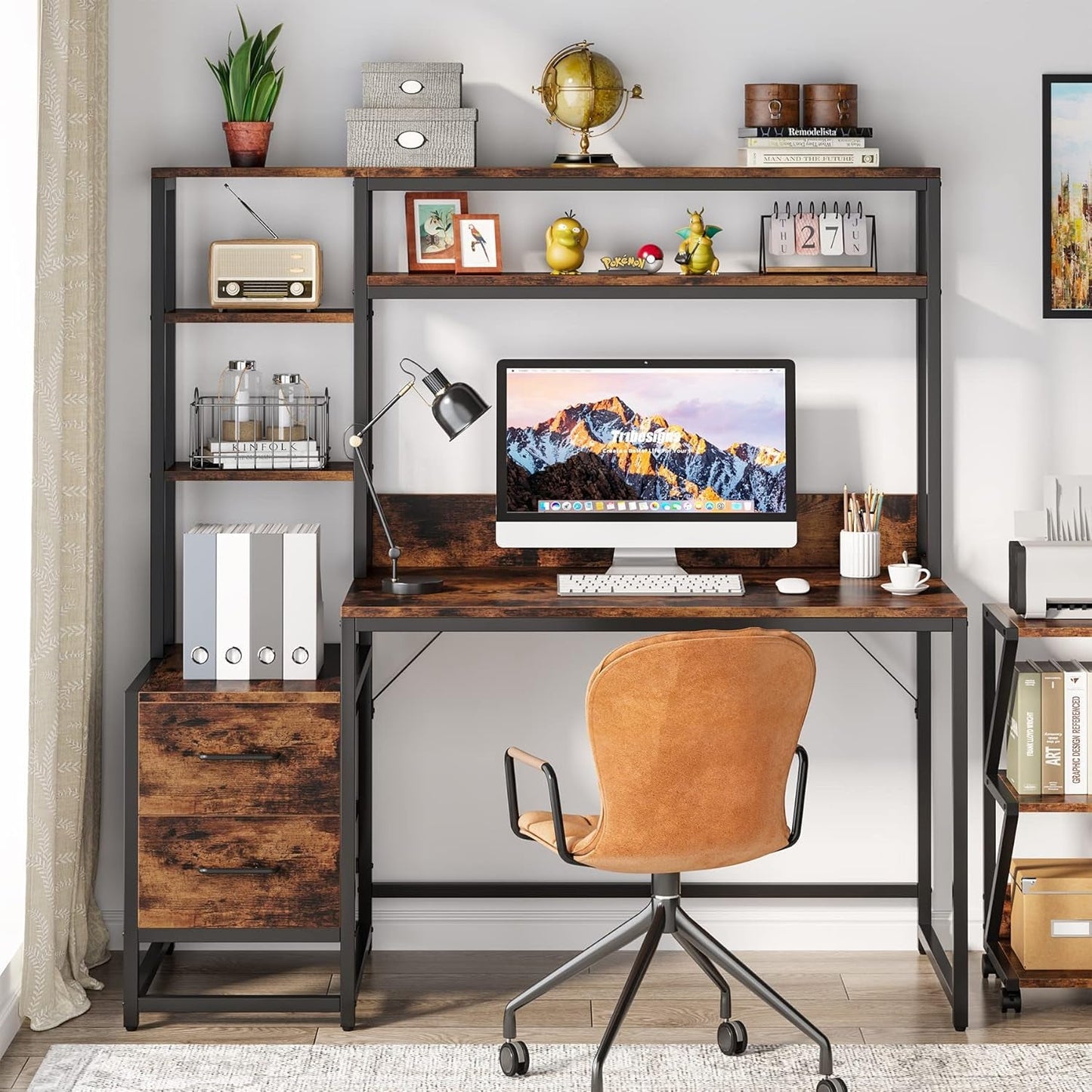 55 Inch Rustic Brown Computer Desk With Drawers And Shelves