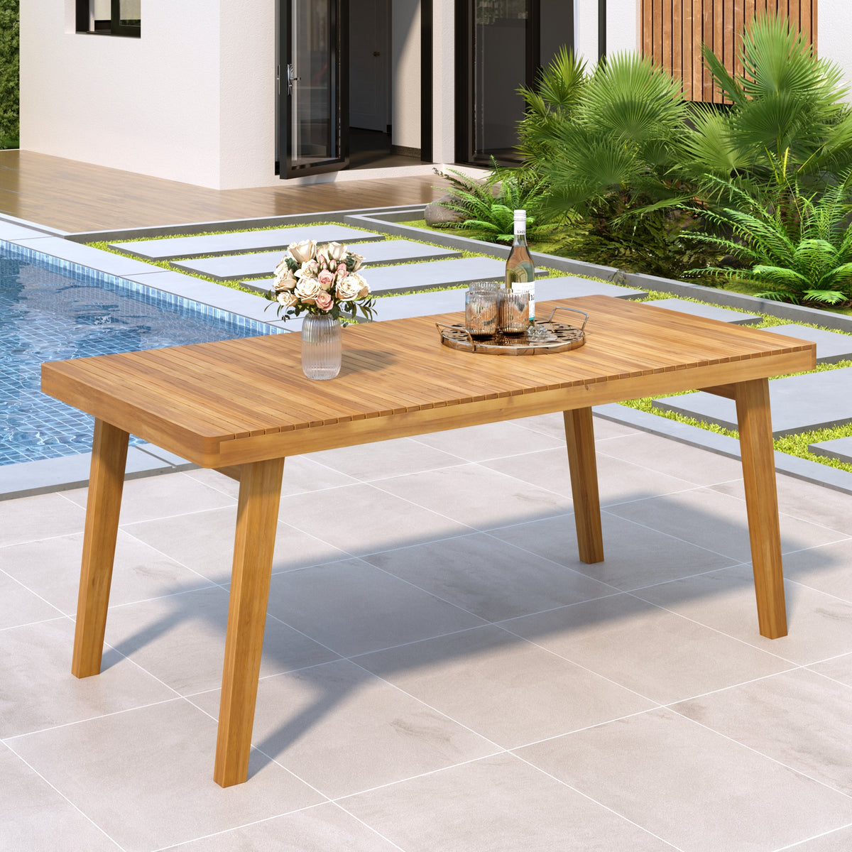 69" Acacia Wood Outdoor Dining Table with Slatted Top