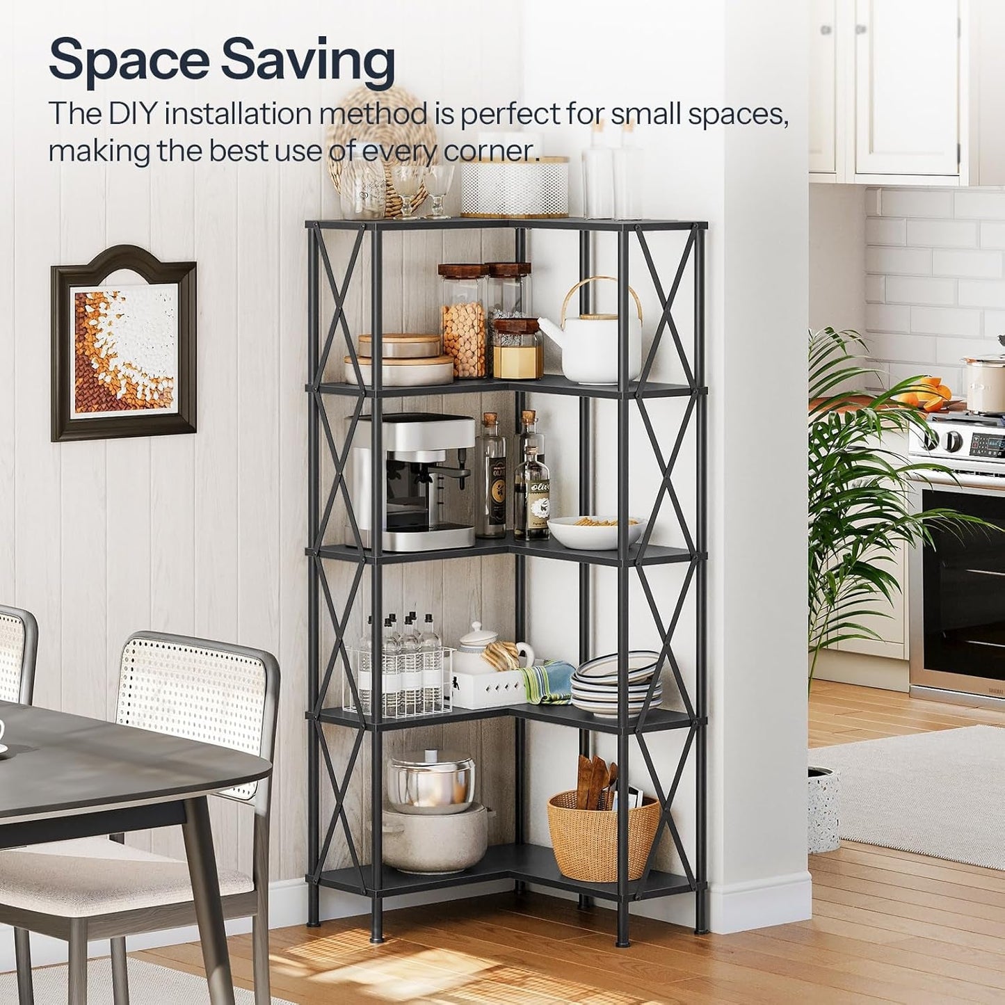 Corner Bookshelf 5 Tier L Shaped Industrial Open Display Shelf Black