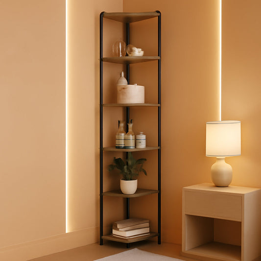 6-Tier Rustic Brown Corner Shelf Stand For Living Room