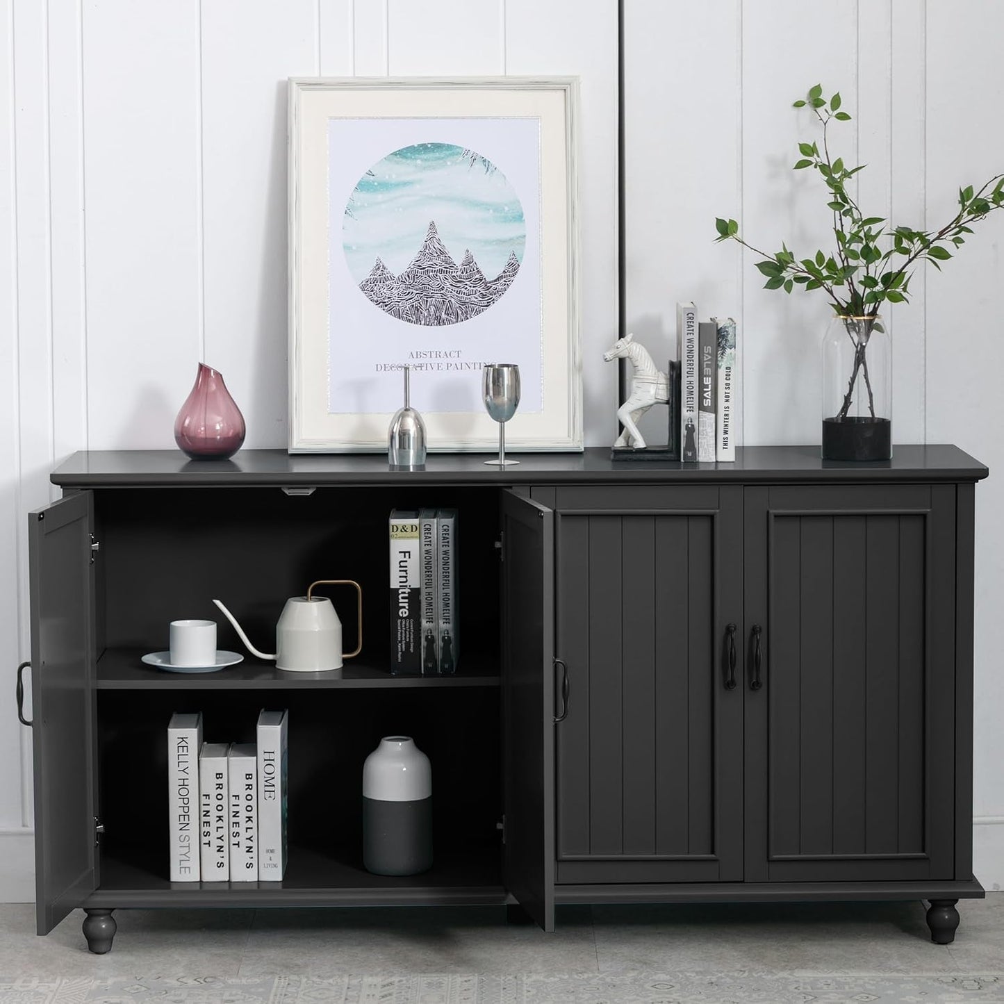 Black 62 Inch Coffee Bar Cabinet Four Doors Storage