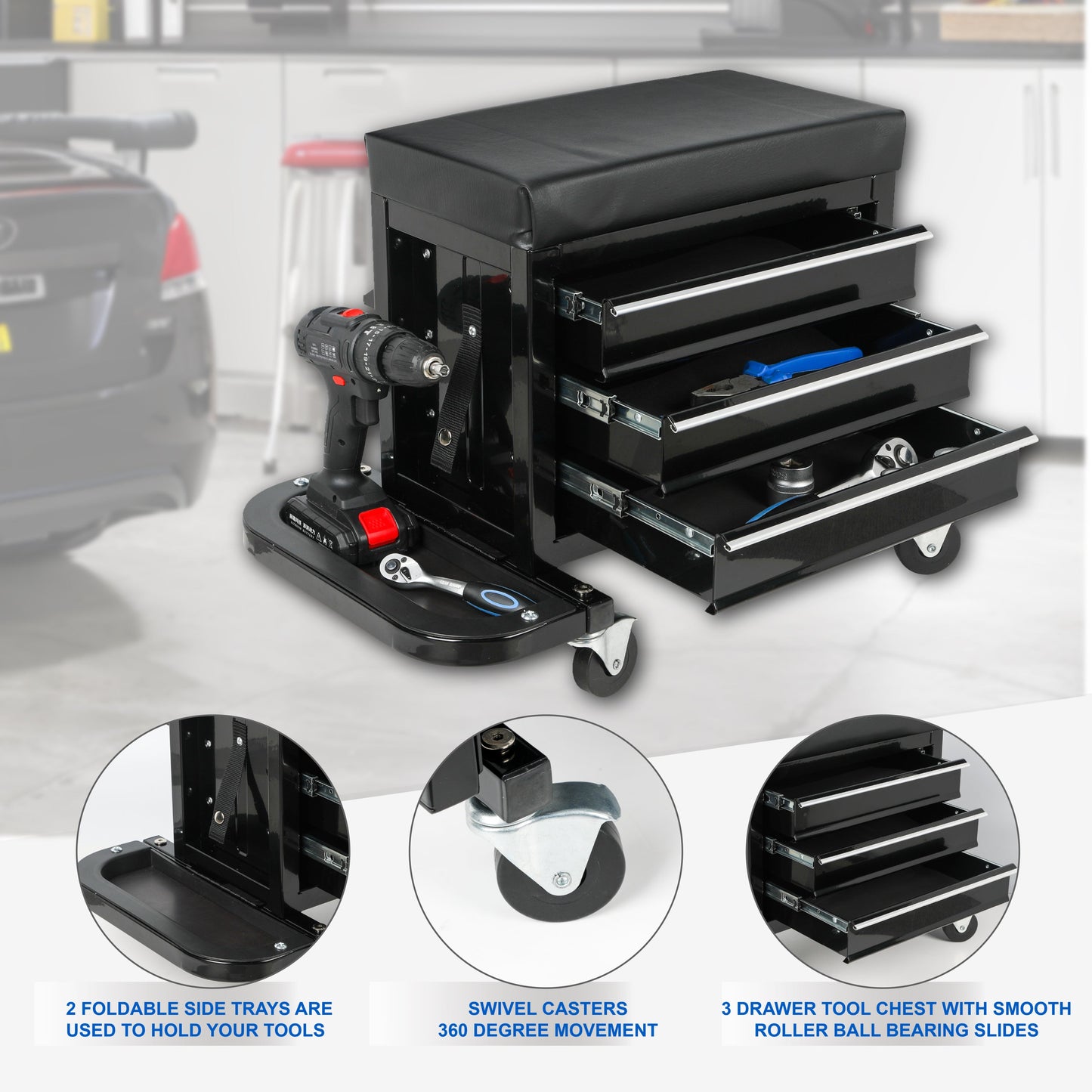 3-Drawer Tool Chest Rolling Mechanic Seat with Tool Trays,350lbs Max Weight Capacity,Black