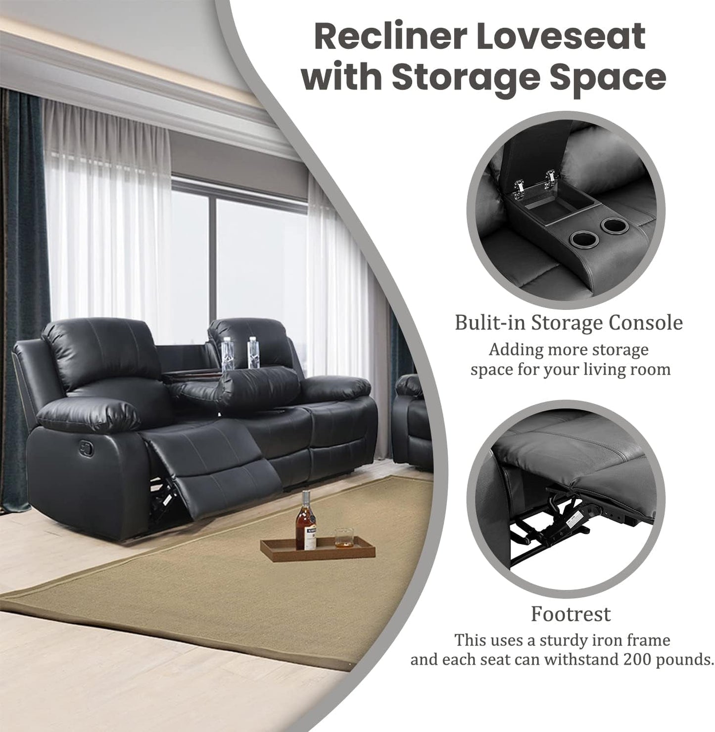 Manual Recliner Sofa Set Black With Cup Holder Storage Console