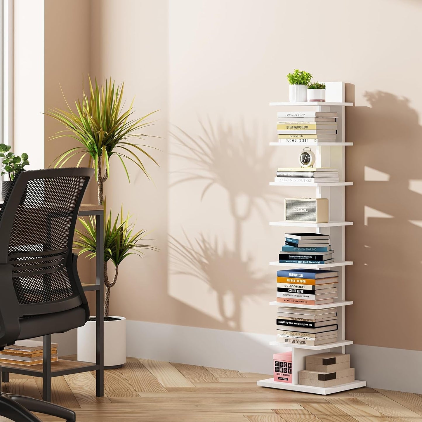 Vertical Bookshelf 8 Tier White Bookcase Living Room