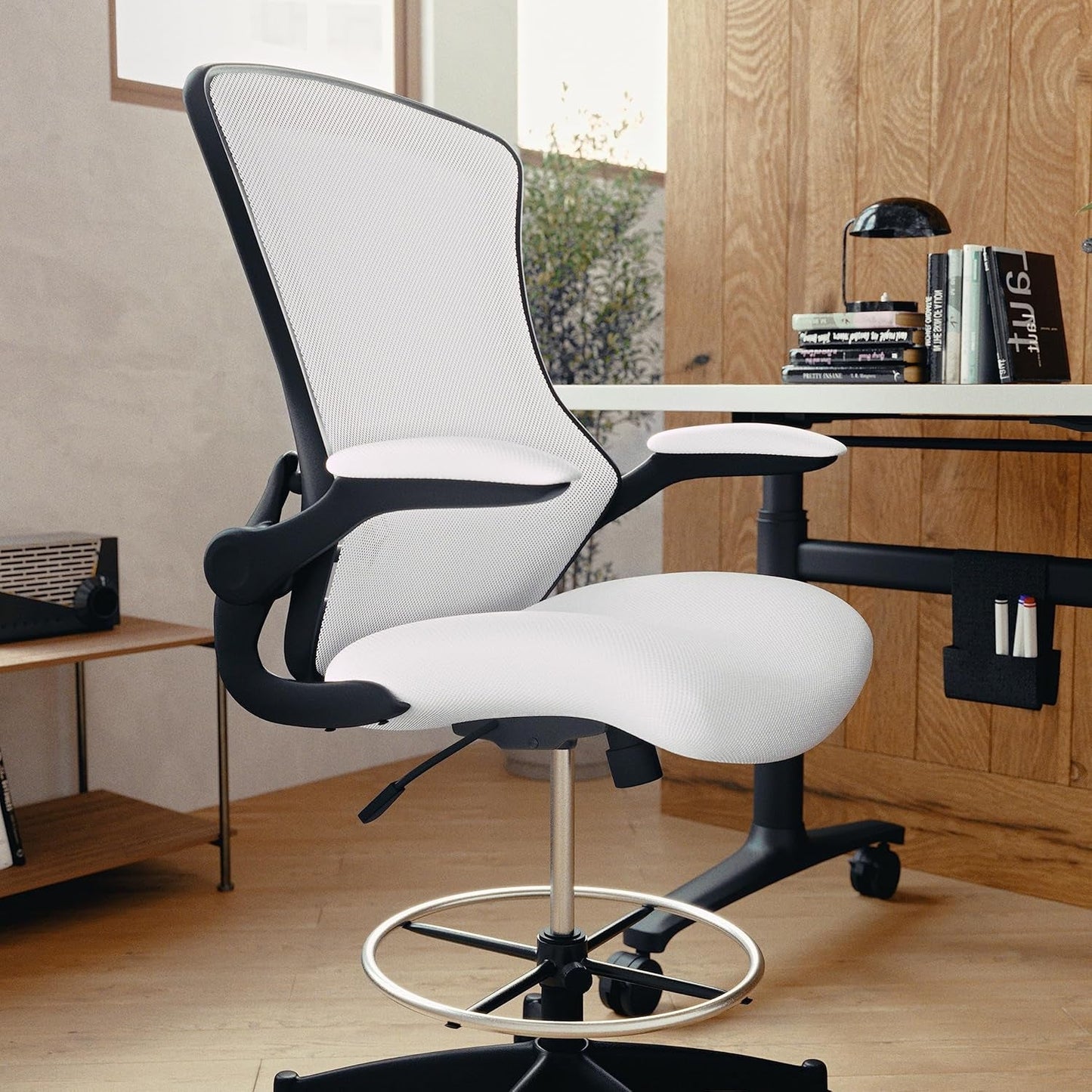 White Mesh Ergonomic Drafting Chair With Flip Up Arms