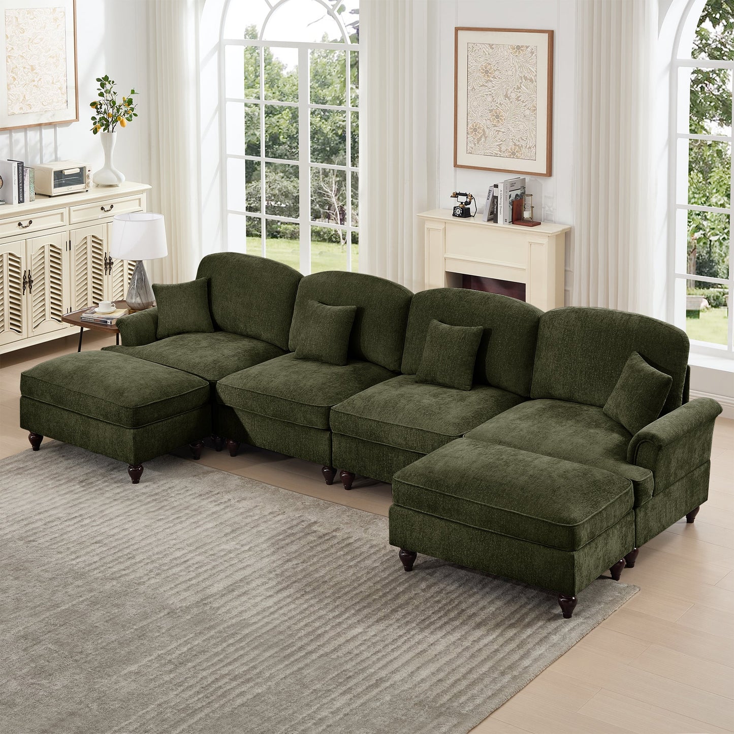 Classic U Shape 4 Seater Modular Sectional Sofa Couch with Flared Arms and Removable Ruffles Pleats Skirts and Spindle Legs, Chenille Deep Seat Cloud Sofa with Movable Ottomans, Green