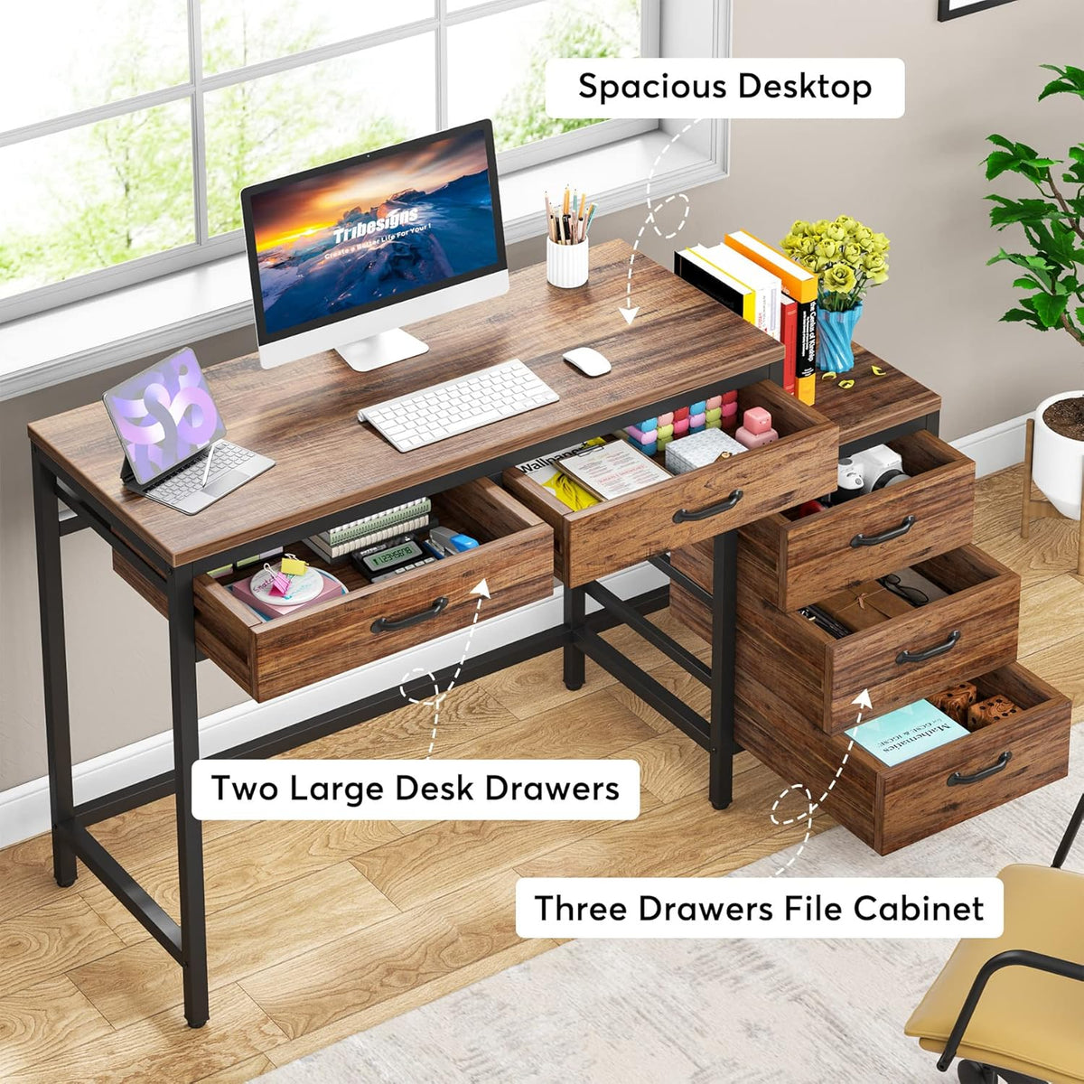 51" Reversible Computer Desk with 5 Drawers and File Cabinet