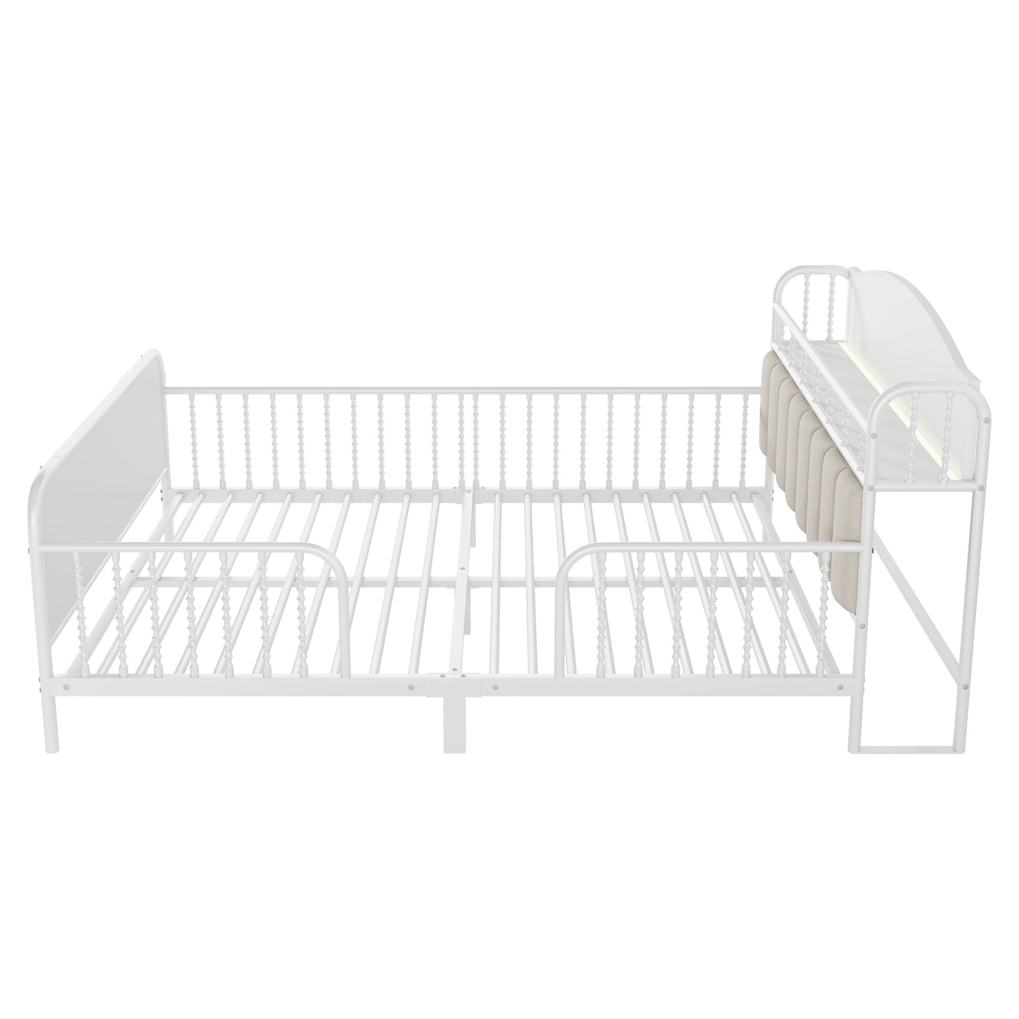 Full Size Metal Platform Bed Frame with Light, Kids Full Metal Bed with Upholstered and Storage Headboard, White (Expect Arrival Date 2025/10/5)