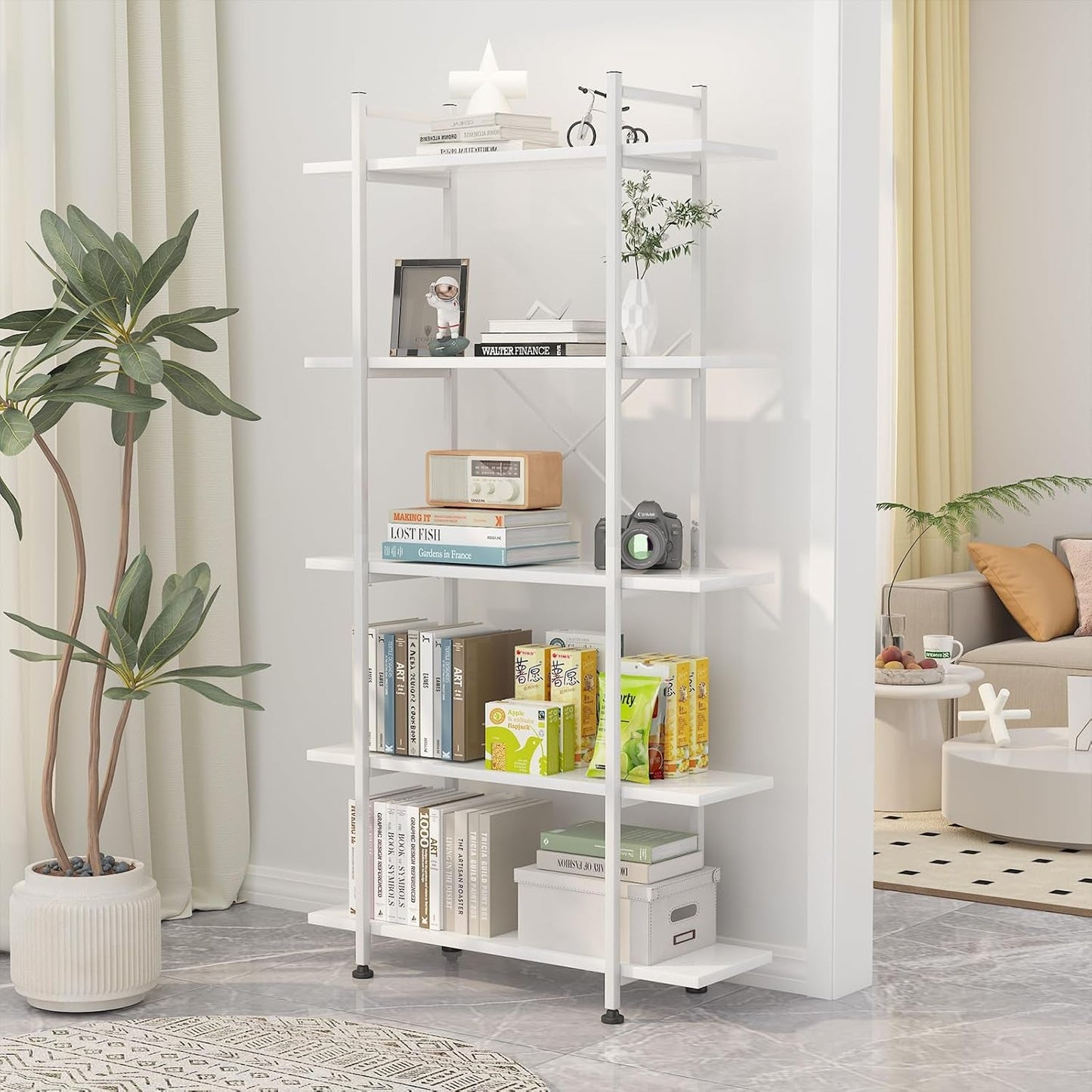White 5 Tier Wooden Bookcase Tall Storage Organizer
