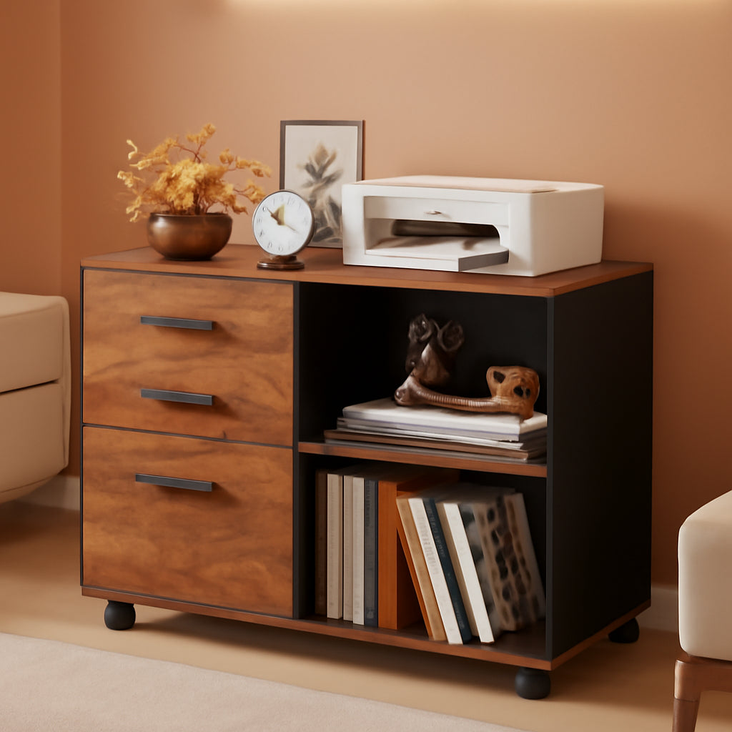Rustic Brown 3 Drawer Mobile File Cabinet With Open Shelves Printer Stand For Home Office
