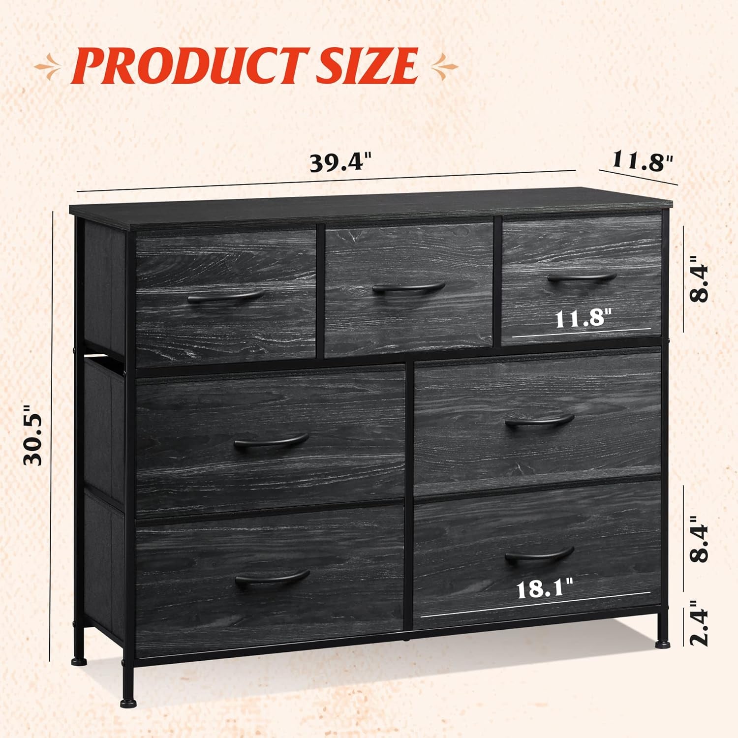 TV Stand For 45 Inch TV With Durable Fabric Drawers dimensions showing 39.4" L x 11.8" W x 30.5" H.