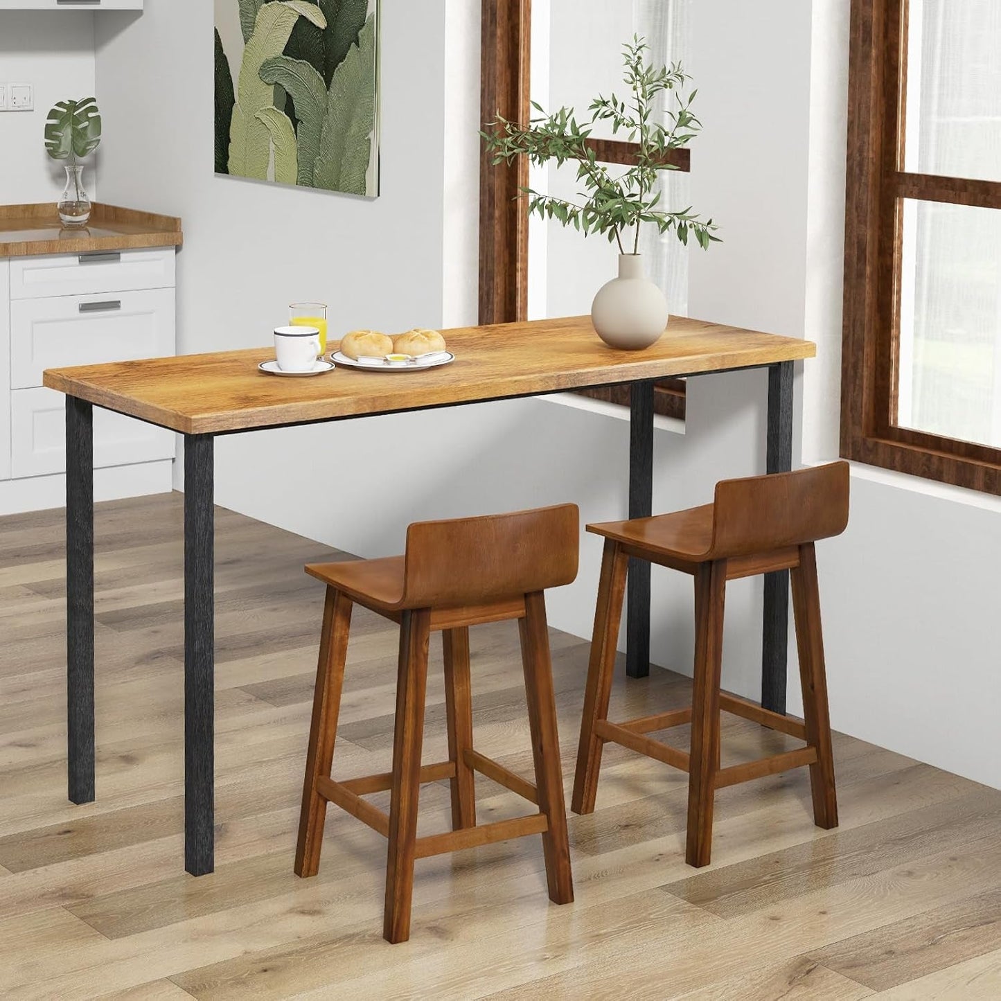 24.5 Inch Counter Height Farmhouse Wooden Bar Stool Set Of 2 With Brown Footrest And Low Back