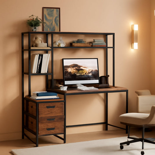 55 Inch Rustic Brown Computer Desk With Drawers And Shelves