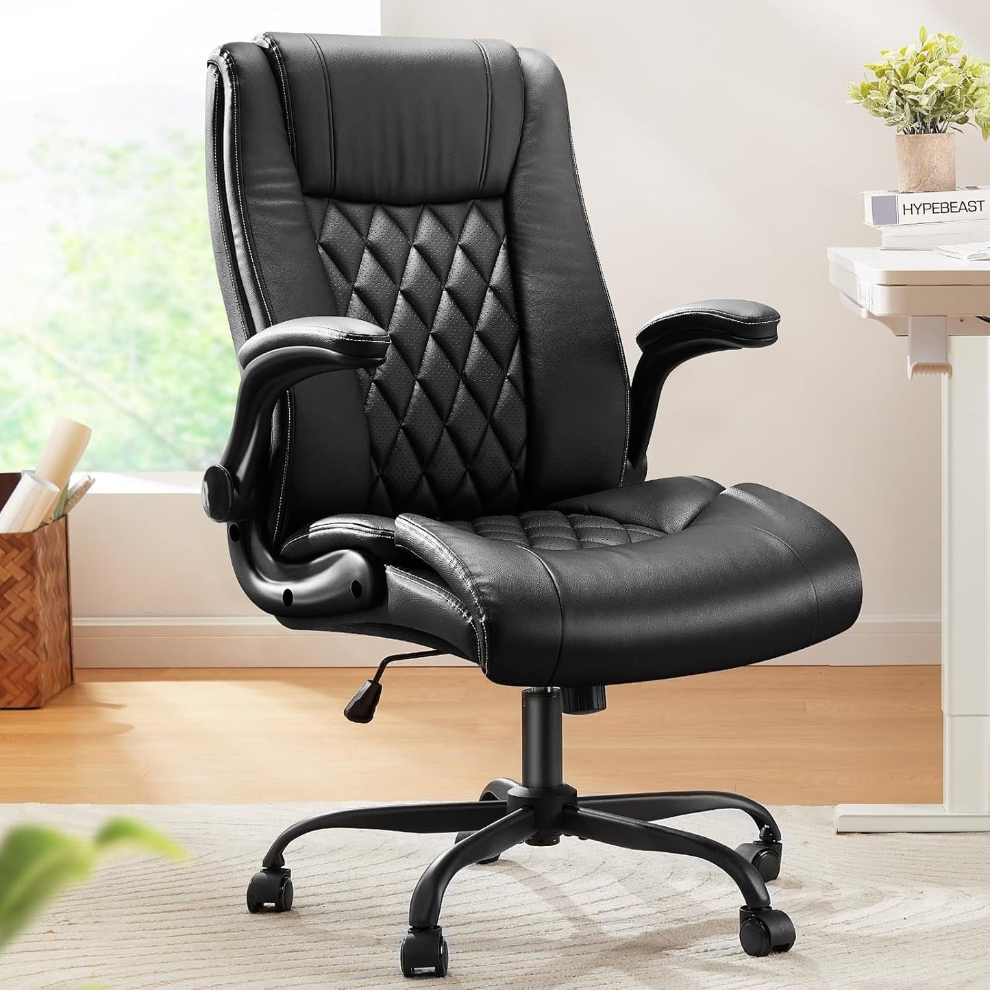 Executive Office Chair With Flip Up Armrests PU Leather Black