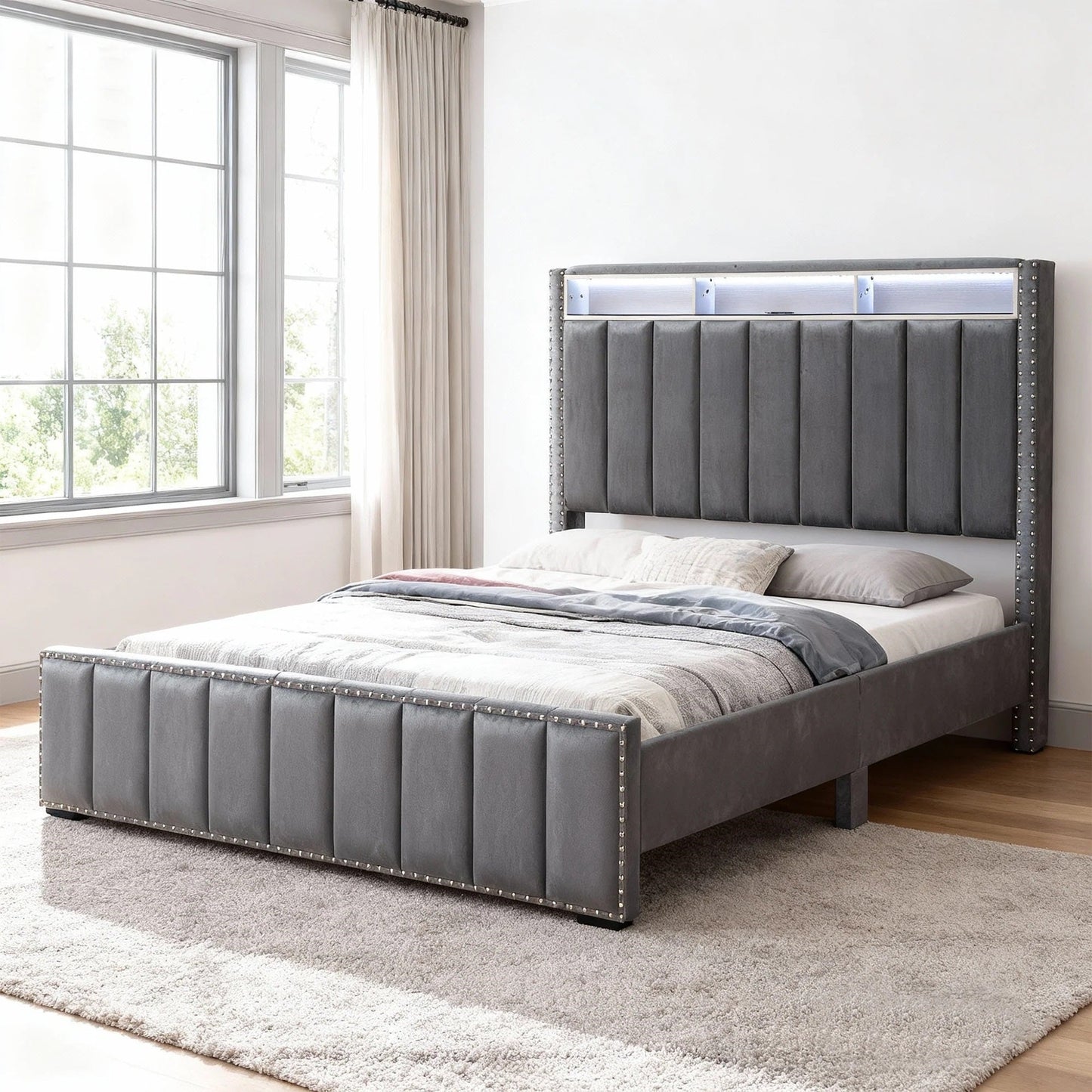 Contemporary 3pc Bedroom Set Full Size Bed 2x Nightstands Bedroom Furniture Dark Gray Fabric Upholstered Bedframe w LED Nailhead Trim