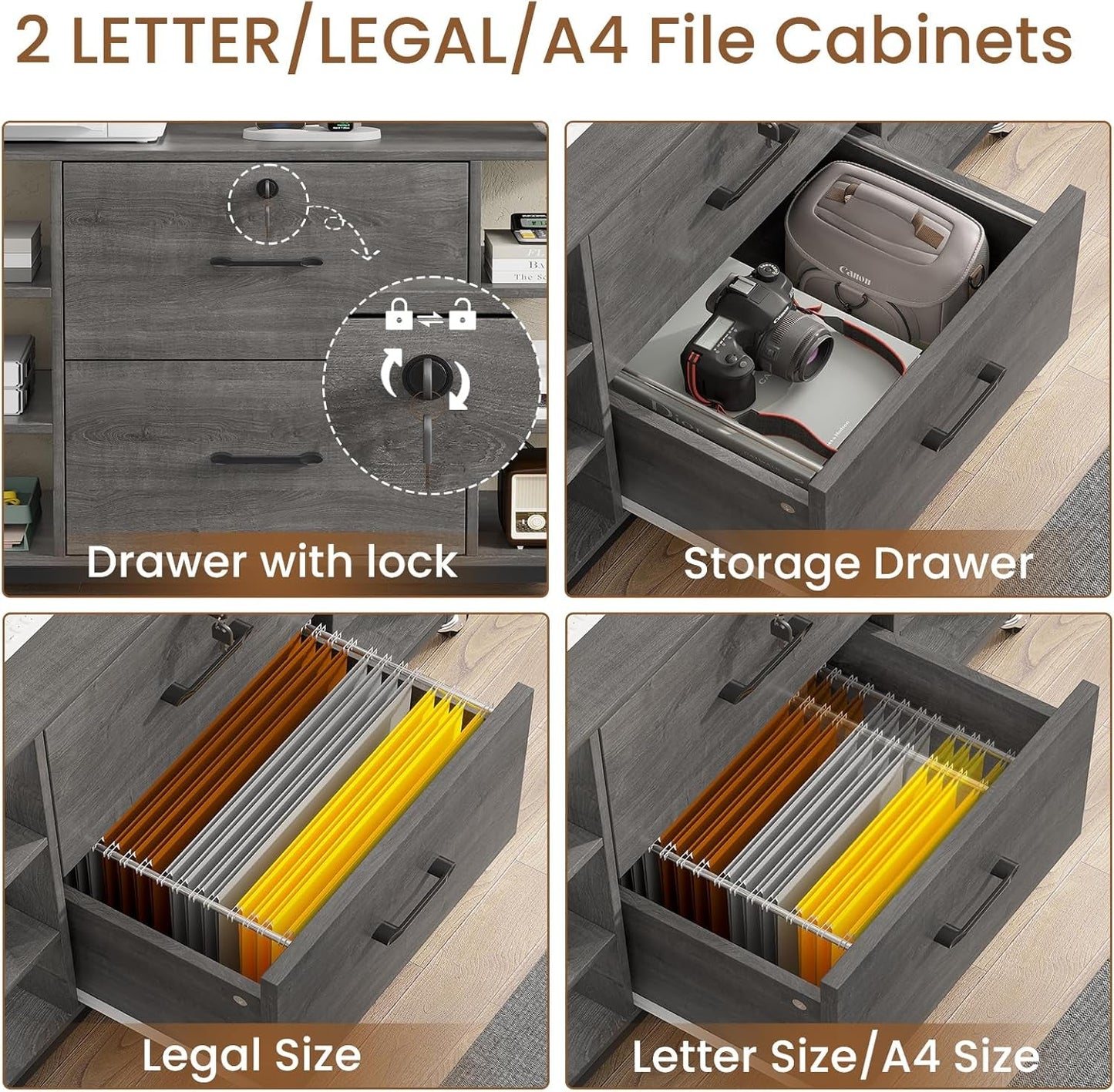 44 Inch 2 Drawer File Cabinet Grey With Lock For Office