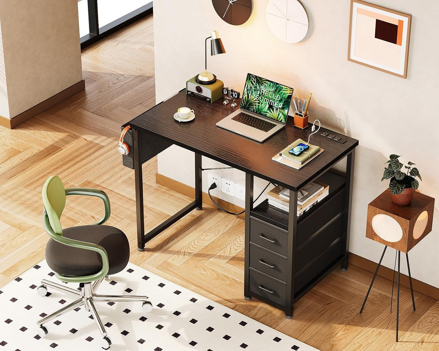 32-Inch Computer Desk With Fabric Drawers And Charging Station Black