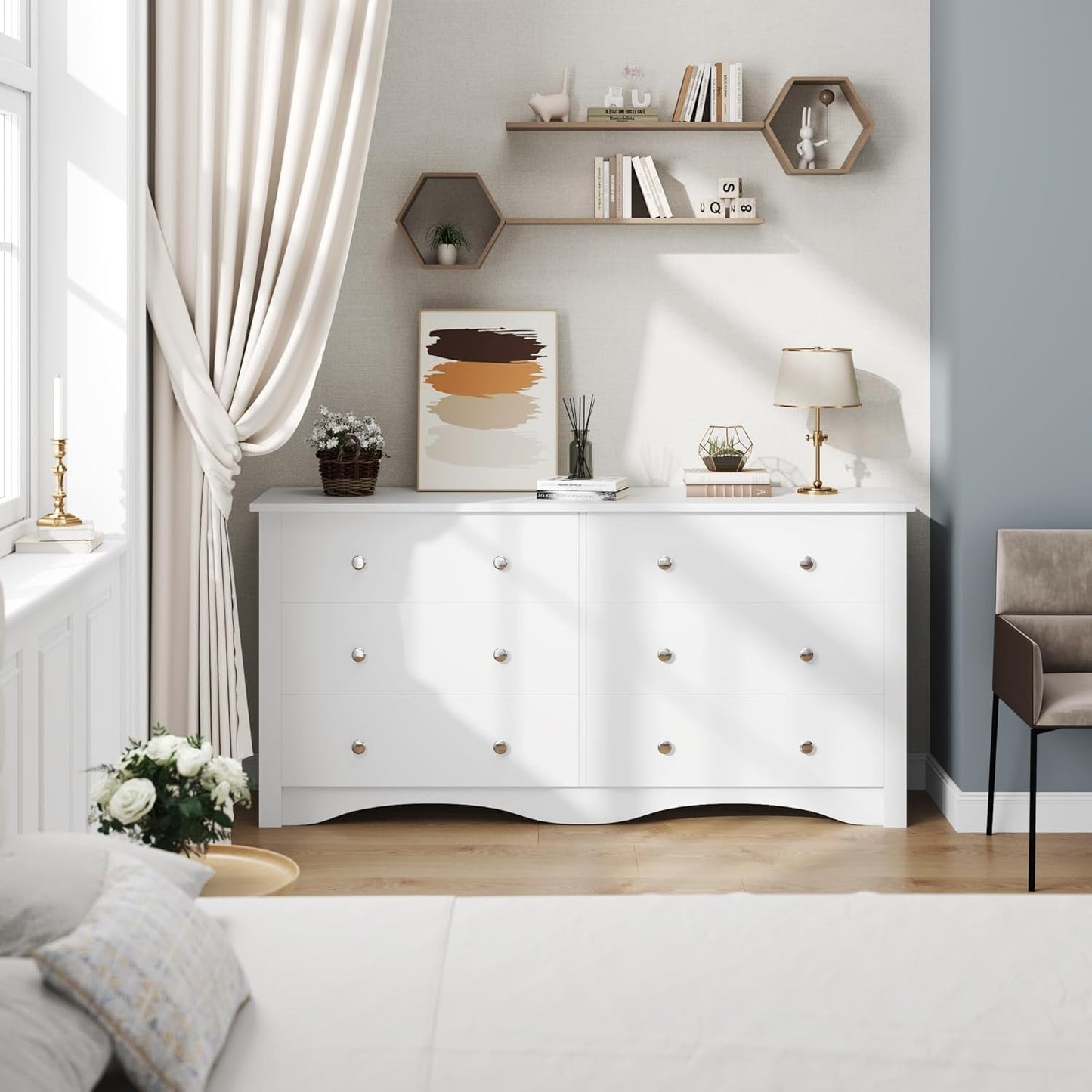 6 Drawer Dresser and TV Stand in White for 65 Inch TV