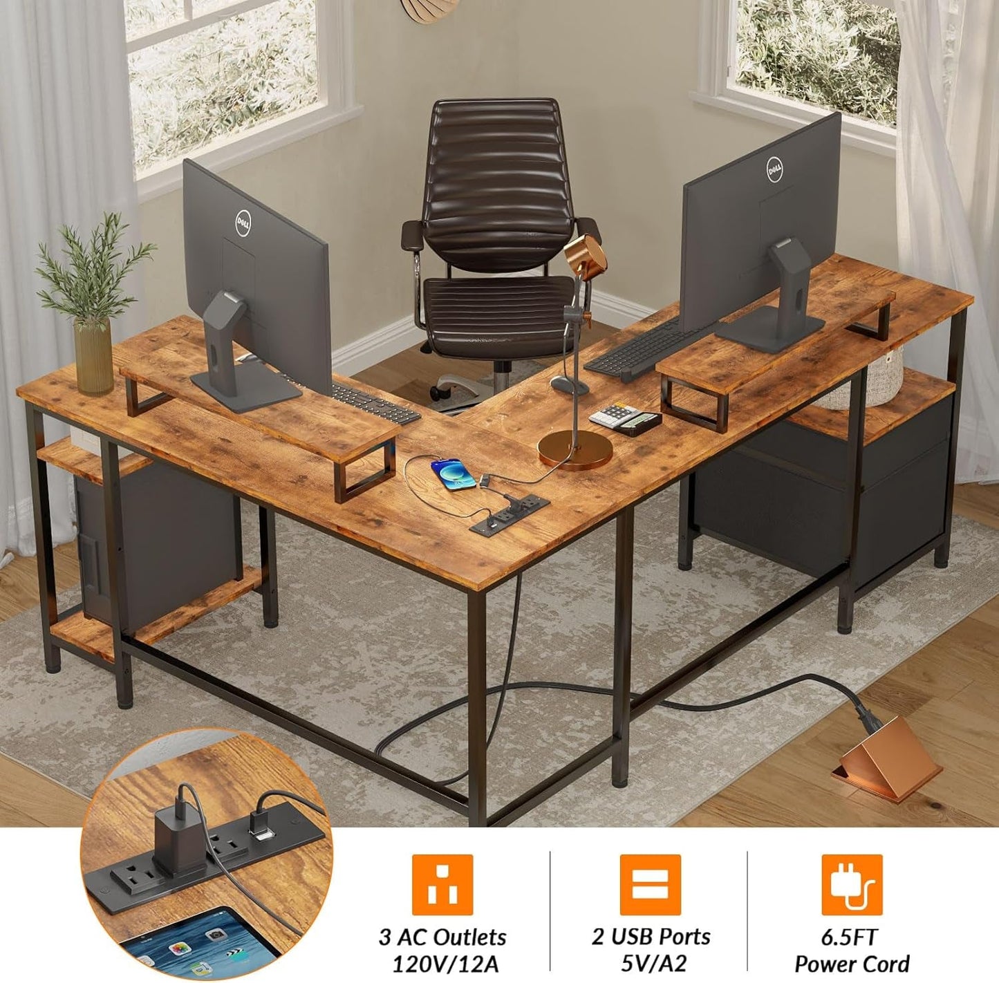 66 Inch Rustic Brown L Shaped Desk With Power Outlet
