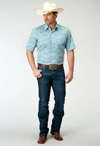Roper 1944 Stretch Paisley (Blue) - Men's Short Sleeve Shirt