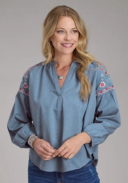 Roper 2435 Denim V-Neck (Blue) - Women's Western Blouse