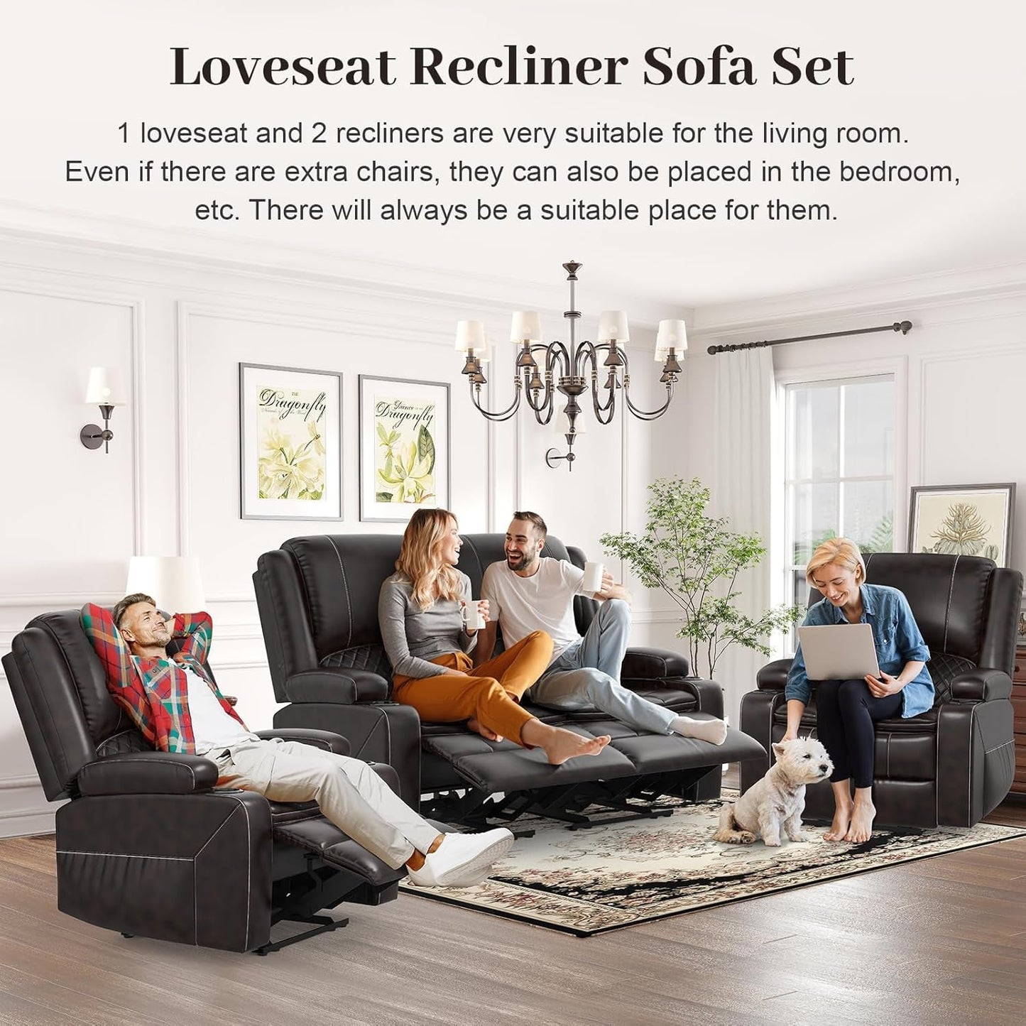 Brown Leather Reclining Loveseat Set With Console And Chairs