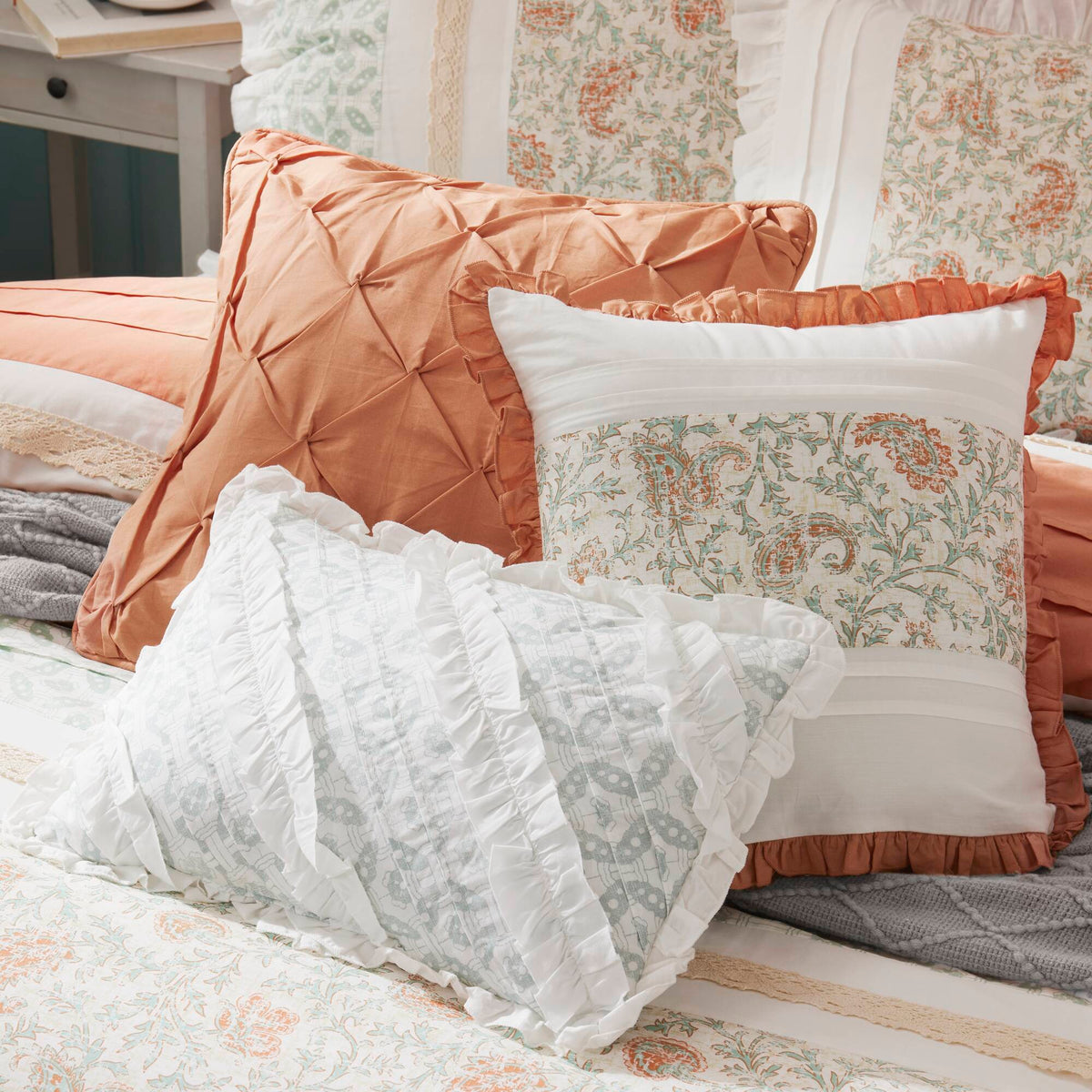 9 Piece Cotton Percale Comforter Set - Coral Queen