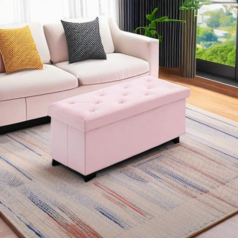 Pink 43 Inch Velvet Lux Foldable Storage Ottoman Bench