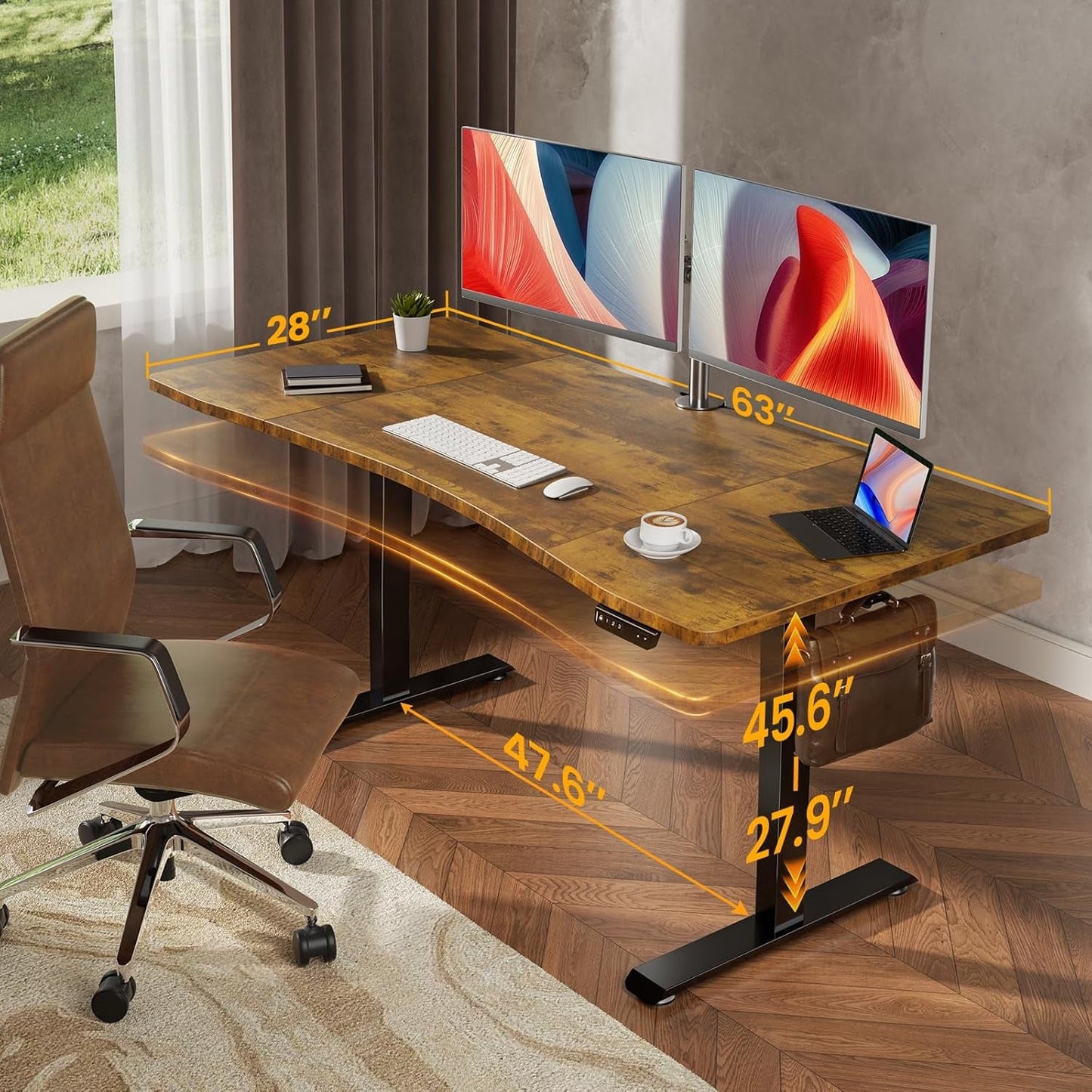 63 Inches Electric Standing Desk Brown Walnut Finish