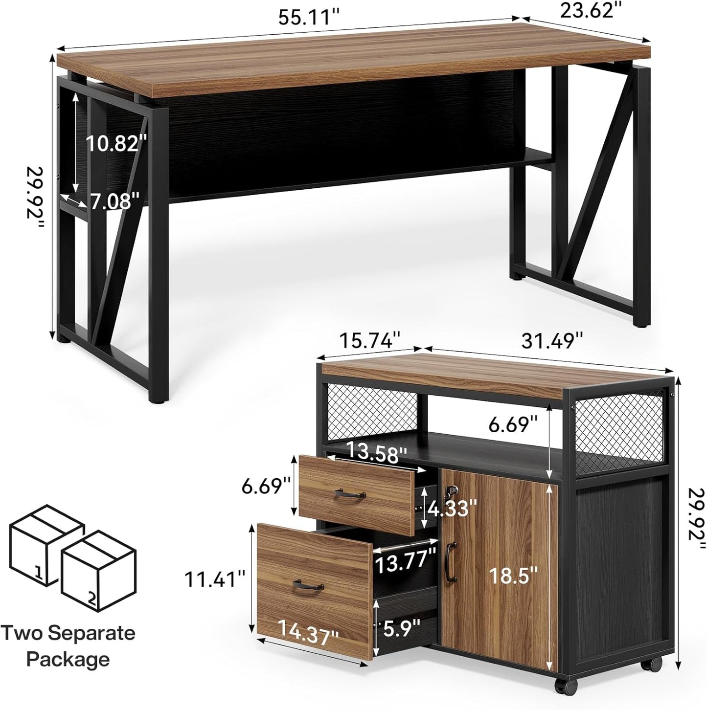 55 Inch L Shaped Desk With File Cabinet Walnut Black