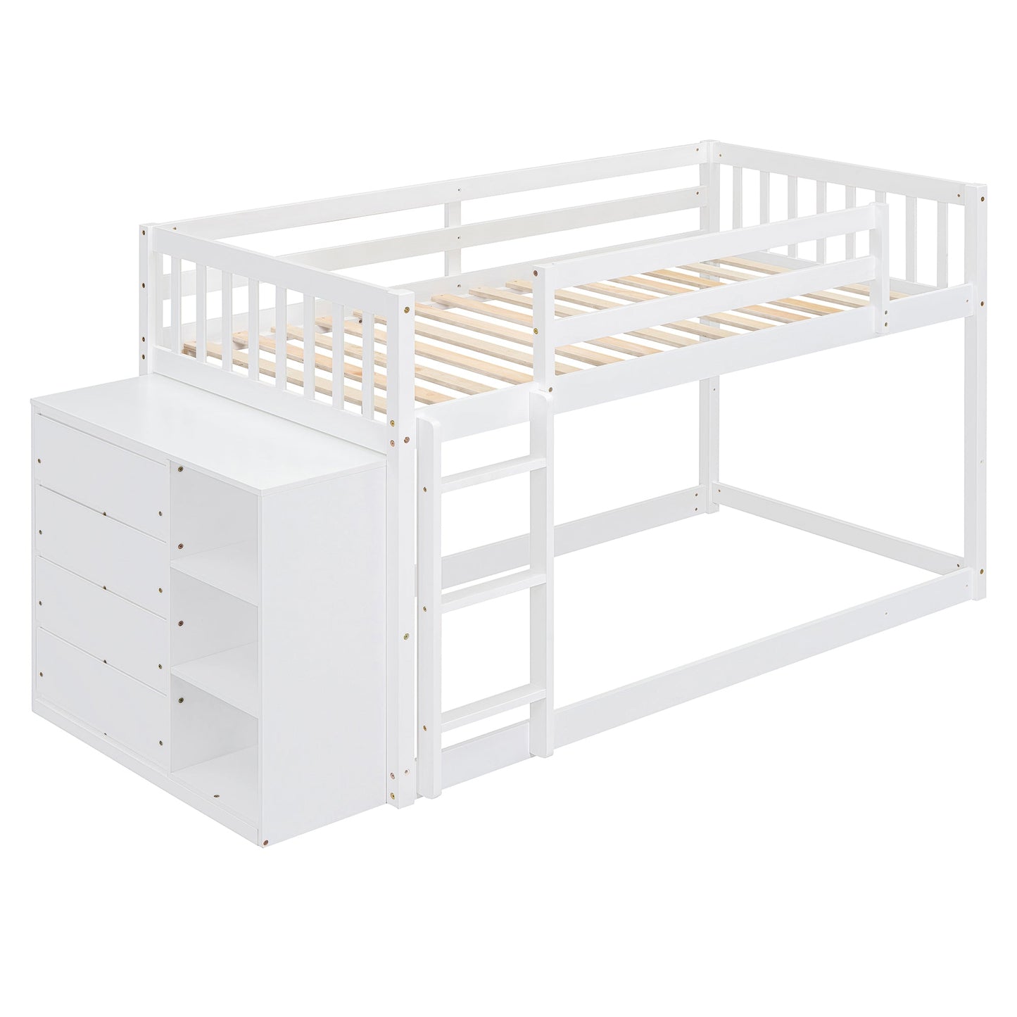 Twin Over Twin Bunk Bed with 4 Drawers and 3 Shelves - White